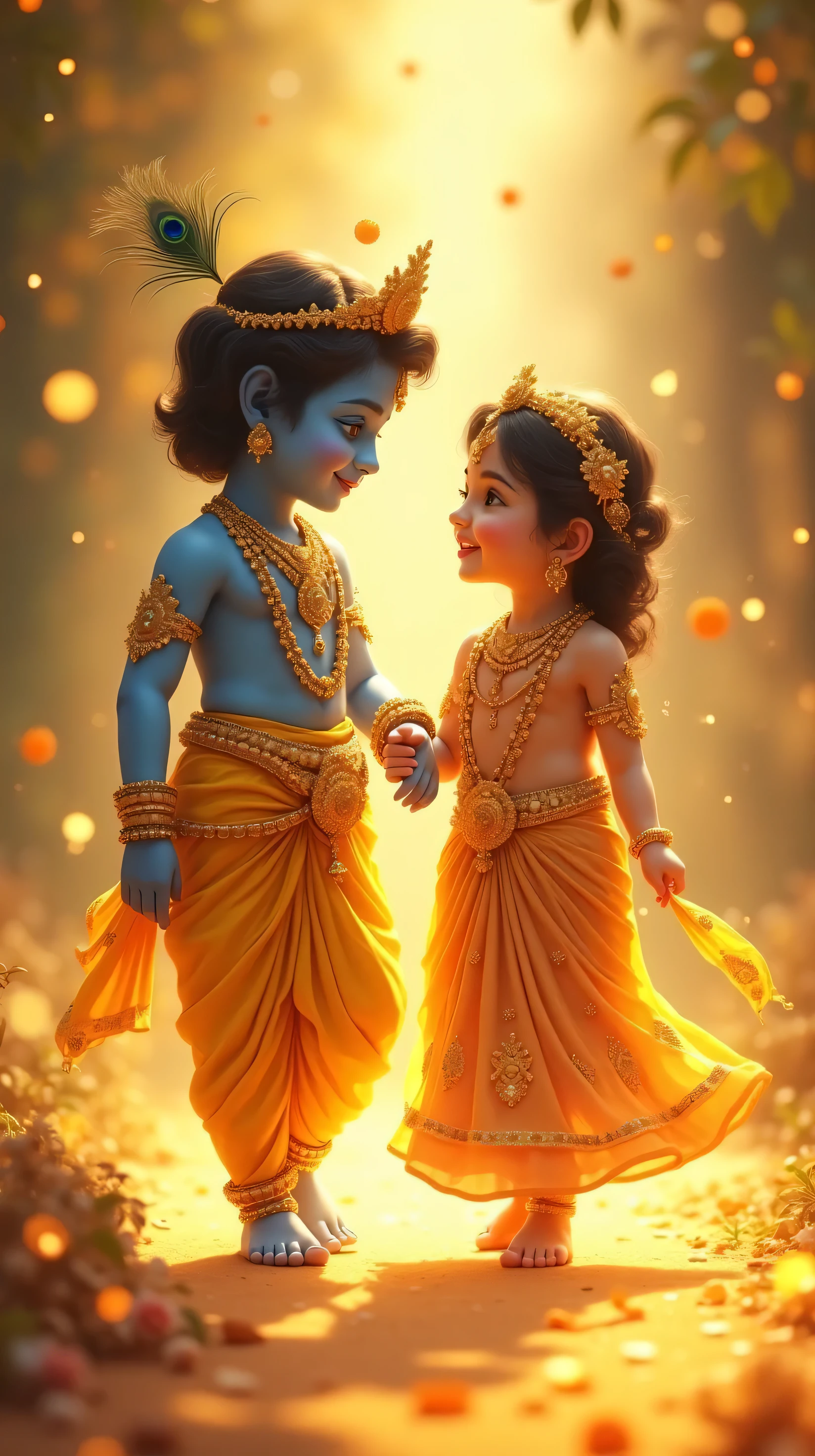 Goddess Radha and Lord Krishna as childs playing in the garden , Indian God, 8K render, facing towards the viewers
