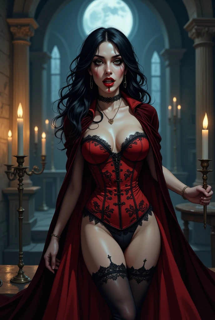artistic work, (obra prima) fantastical realism, Mulher vampira seminua roupa de couro preta colante, capa vermelha nas costas, Woman biting victim in the neck, Super visual production, detalhes precisos, gosto sombrio, All bloody floor.
