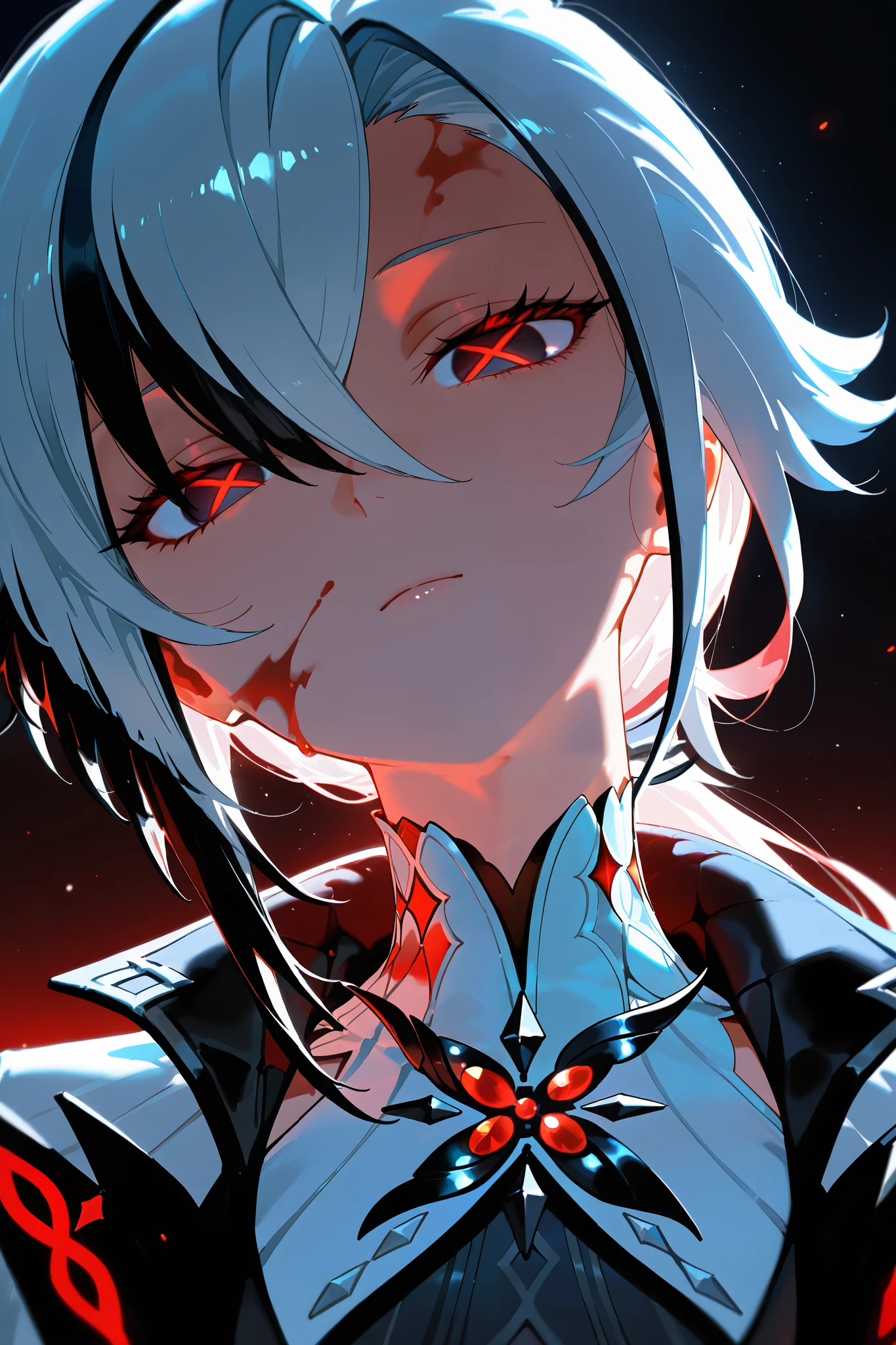 masterpiece, best quality, amazing quality, very aesthetic, newest, hyper-detailed, 1girl, arlecchino \(genshin impact\), portrait, close-up, glowing eyes, head tilt, looking at viewer, blood on face, expressionless, (dark background:1.2), backlighting, red light, light particles, glow, highres