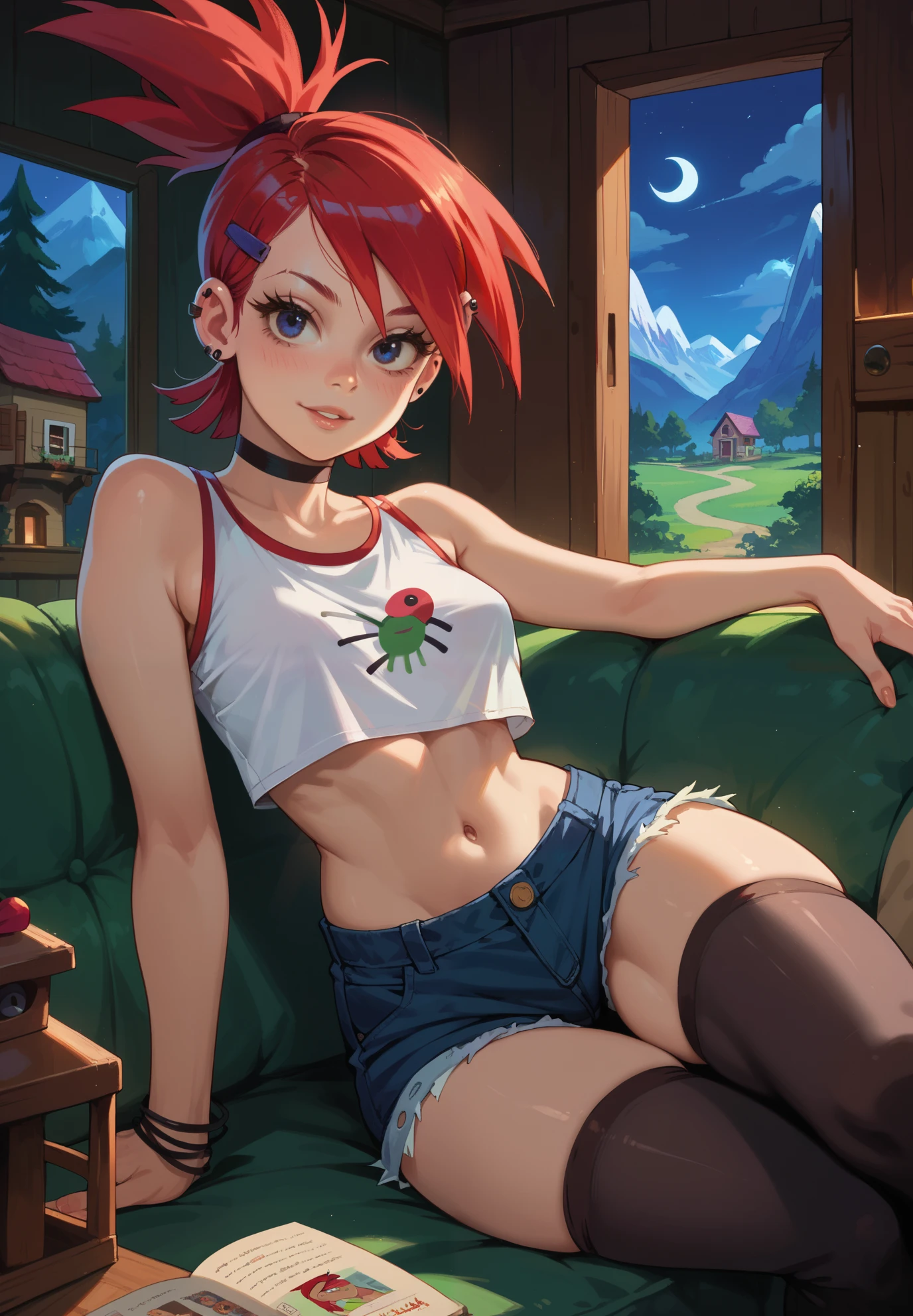 score_8, score_9, skinny shorty undersized solo female focus, long pink hair girl,  bedroom eyes, huge blue eyes, olya, freckles , prostokvashino cartoon character, sly, earclips, navel, midriff, visible neat ,  , teasing, sports top, denim shorts, white sneakers, on mattress, bedroom background, night, dark, arched back, satisfied face, puffy red lips, eye makeup, spaced lips, perfect teeth,