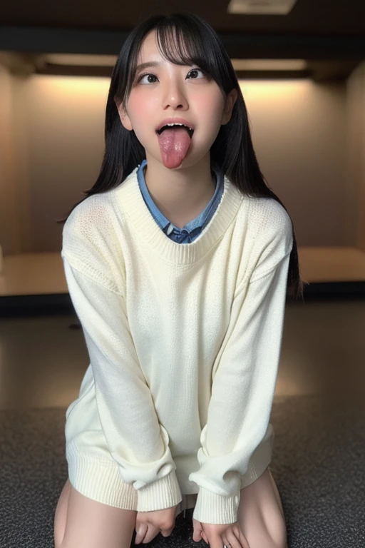 ollarbone,white pink t-shirt,off-shoulder look,bare shoulder,Denim mini skirt,open mouth,tongue out,cum on tongue,Black sofa,Kneeling,looking ahead,from above,flont view,face focus,open mouth,tongue out,(1girl,Beautiful 16 year old girl),((Slender,Small breasts,Small face,)),looking at viewer,Black Hair,bangs,straight,Beautiful and detailed,Mischievous smile,Dimly lit room,Simple Background,Black background,Low lighting
