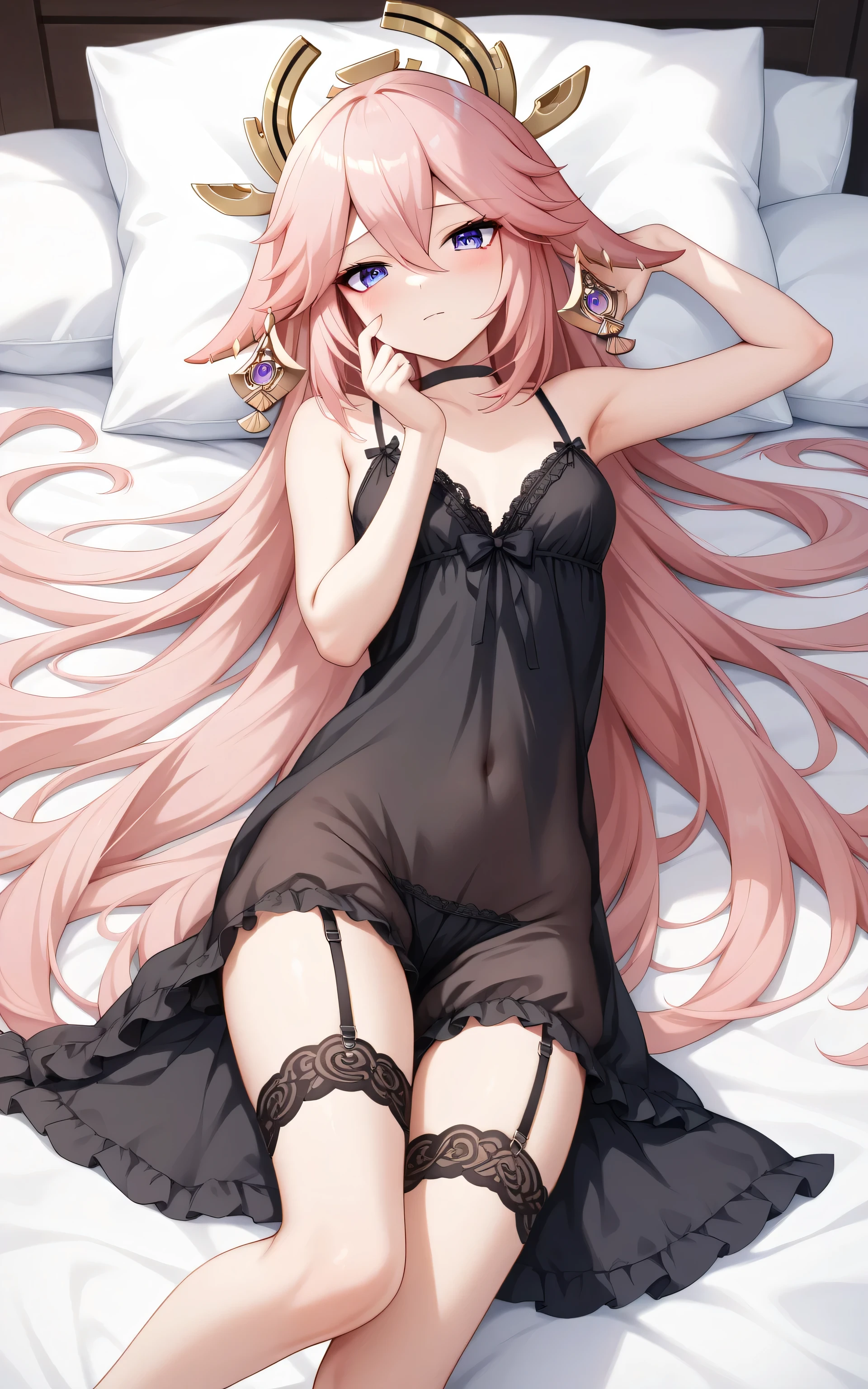 upper body, Yae miko, anime style, Random Sexy pose , ((Ultra detailing)), (very aesthetic, best quality, ultra detailed), intricate details,
1girl, Long hair, blue eyes, sharp jawline, long hair, shy, Blush ,(wearing Wearing Black negligee, choker, bloomer), bed room, lay down on bed, pillow