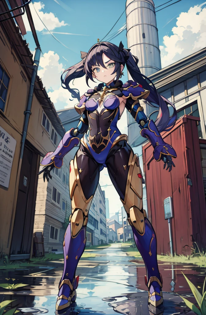 layer_megamanx, 1girl, solo, long hair, purple hair, green eyes, blunt bangs, hair over eyes, large breasts, dark skin, dark-skinned female, android, underboob, robot ears, high quality, masterpiece, standing next to a swamp and castle surrounded by mist, outdoors, tree, solo, from behind, bird, facing away, scenery
