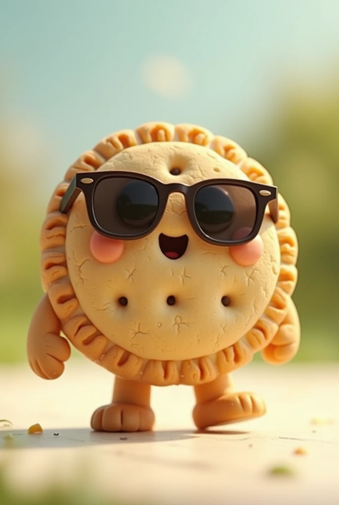 A super thin cookie sitting on the beach in a chair, The cookie has baked in letters says Puig, It is a thin cookie with little holes and a decorated baked circle., the cookie has sunglasses, There is a glass of milk next to him, The glass of milk is decorated with pineapple pieces, and has a purple cooler or cooler next to it and has polarbox written in white letters