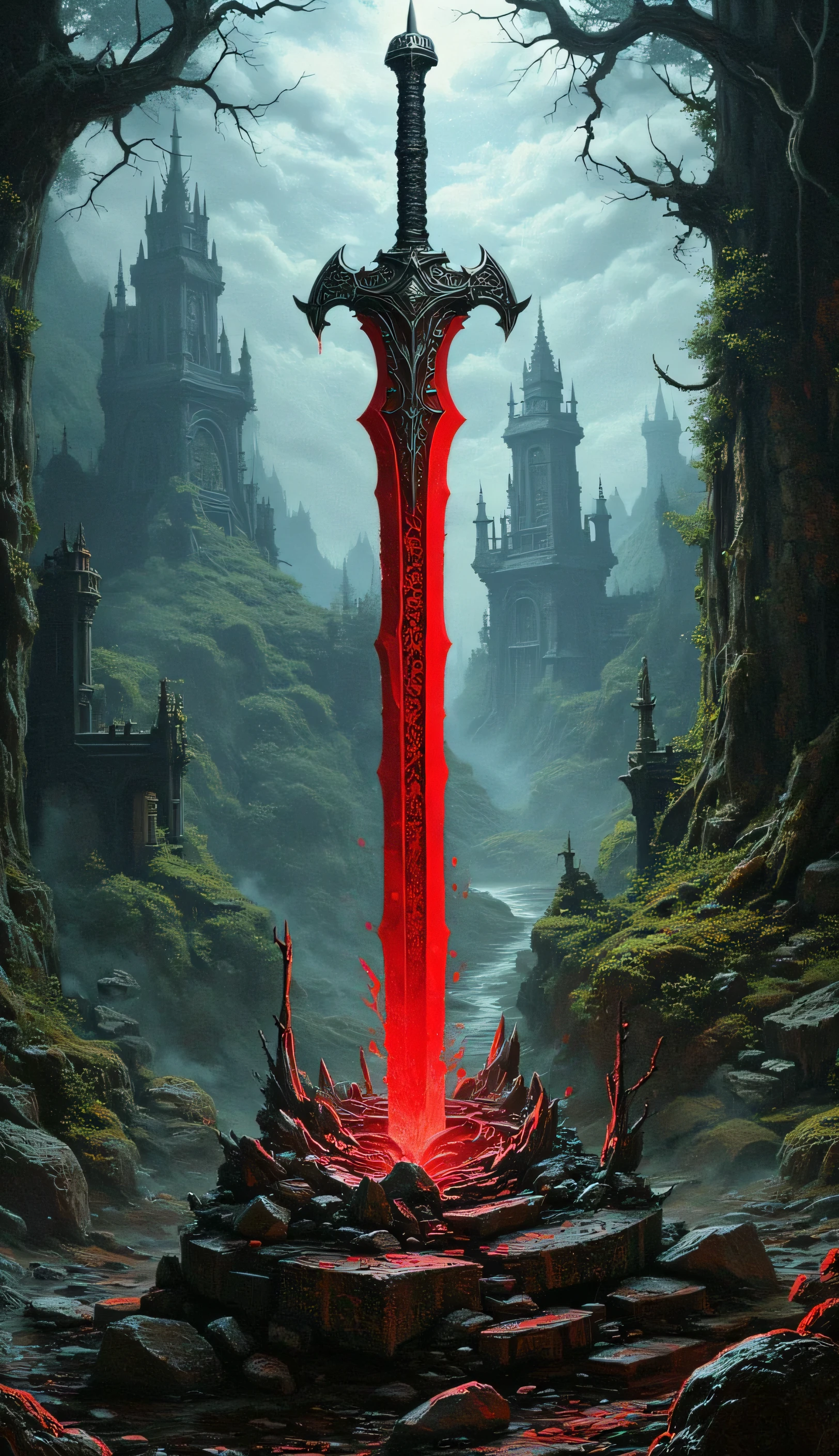 Beautiful red sword stuck on a stone