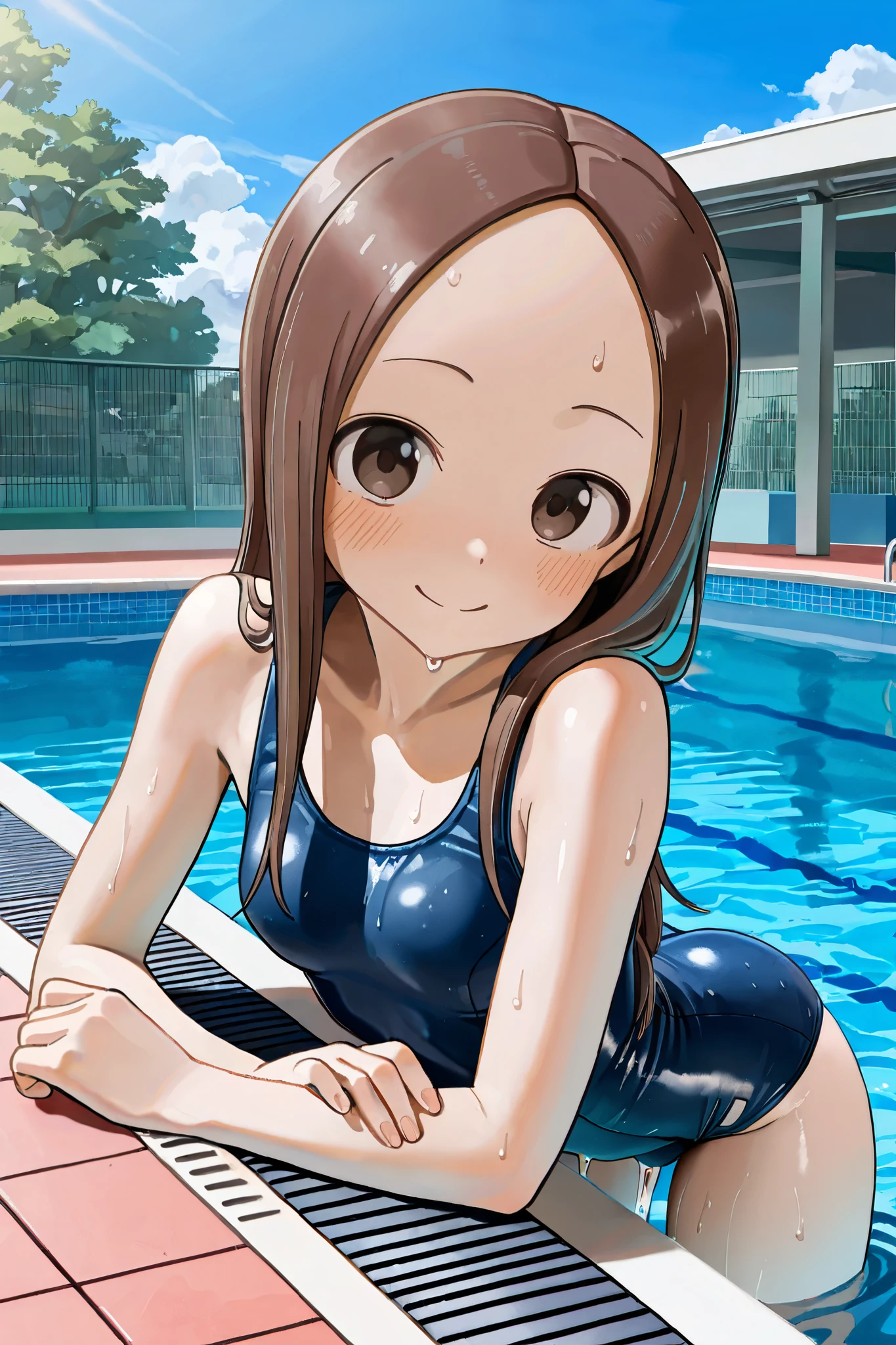 masterpiece, Highest quality, Very detailed, anime, girl,Night Pool,High cut swimsuit,smile,:d,action,Ass Focus, 1-takagi-san, 