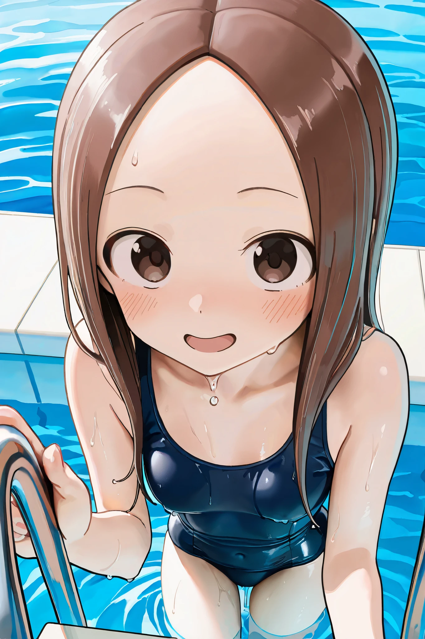 NSFW, Masterpiece, top quality, high resolution, very detailed,Takagi\(からかい上手のTakagi\), with long hair 、 Hair,Forehead、clavicle、 school swimsuit,Public swimming pool, body is wet from the sperm,Dripping Water,blush,Getting fingered by a man