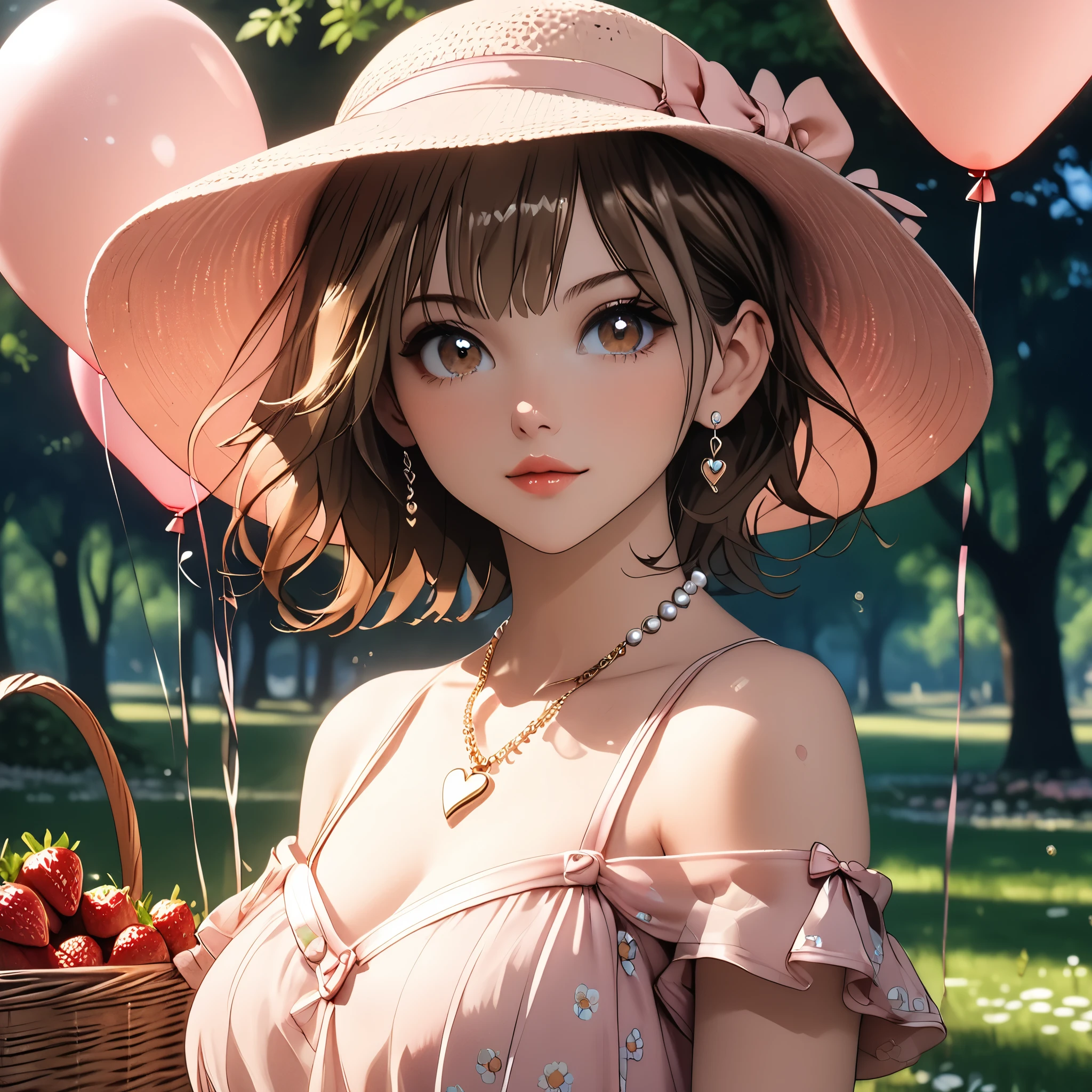 (beautiful girl:1.3),1girl,masterpiece,Highest quality,Ultra-high resolution,rich contrast,super high quality,8k,Highly detailed CG unit wallpaper,texture,Incredibly absurd,Ultra-high resolution,Highest quality anime,professional photograph,an extremely delicate and beautiful,RAW Photos,Depth of Field 1.2,ultra-detailed eyes,Glitter Effect,Beautiful glossy lips, 25years old, gorgeous legs, noise perfect, gorgeous ass, dynamic pose, sensual woman, seductive woman, mature woman, Milf, maternal, shy look, full body, (type of photo: medium shot, portraying the person from head to waist), chinatsu kano, short hair, brown hair, brown eyes, medium breasts,Kano Chinatsu from the Blue Box series, Outfit: A pastel pink lace midi dress with puffed sleeves and an A-line skirt. Sandals with thin straps and a bow at the ankle. Accessories: Wide-brimmed cream hat, a necklace with a heart-shaped pendant and a pearl bracelet. Hair and makeup: Soft waves in the hair, natural makeup with pink lips and a subtle highlighter on the cheekbones. Scenario: A picnic in a flowery park, with a checkered blanket, a basket with strawberries and champagne, heart-shaped balloons floating around.