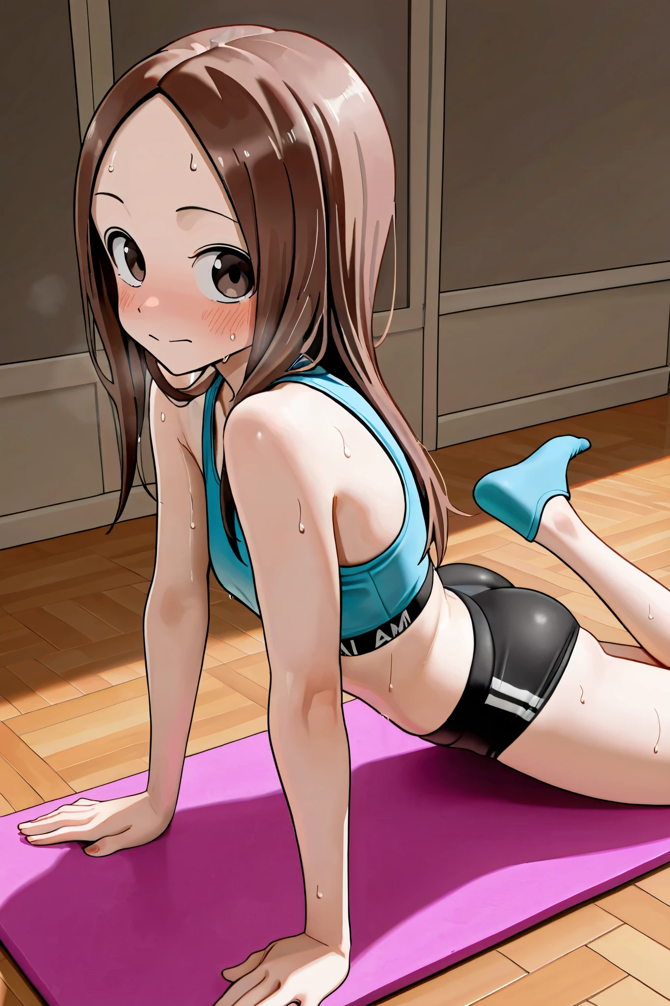 a cartoon anime figure in sexy outfit while doing gymnastics on the floor, 1girl, leotard, solo, athletic leotard, brown hair, ponytail, on stomach, brown eyes, lying, ass, long hair, gymnastics, blush, pink leotard, bangs, indoors, long sleeves, closed mouth