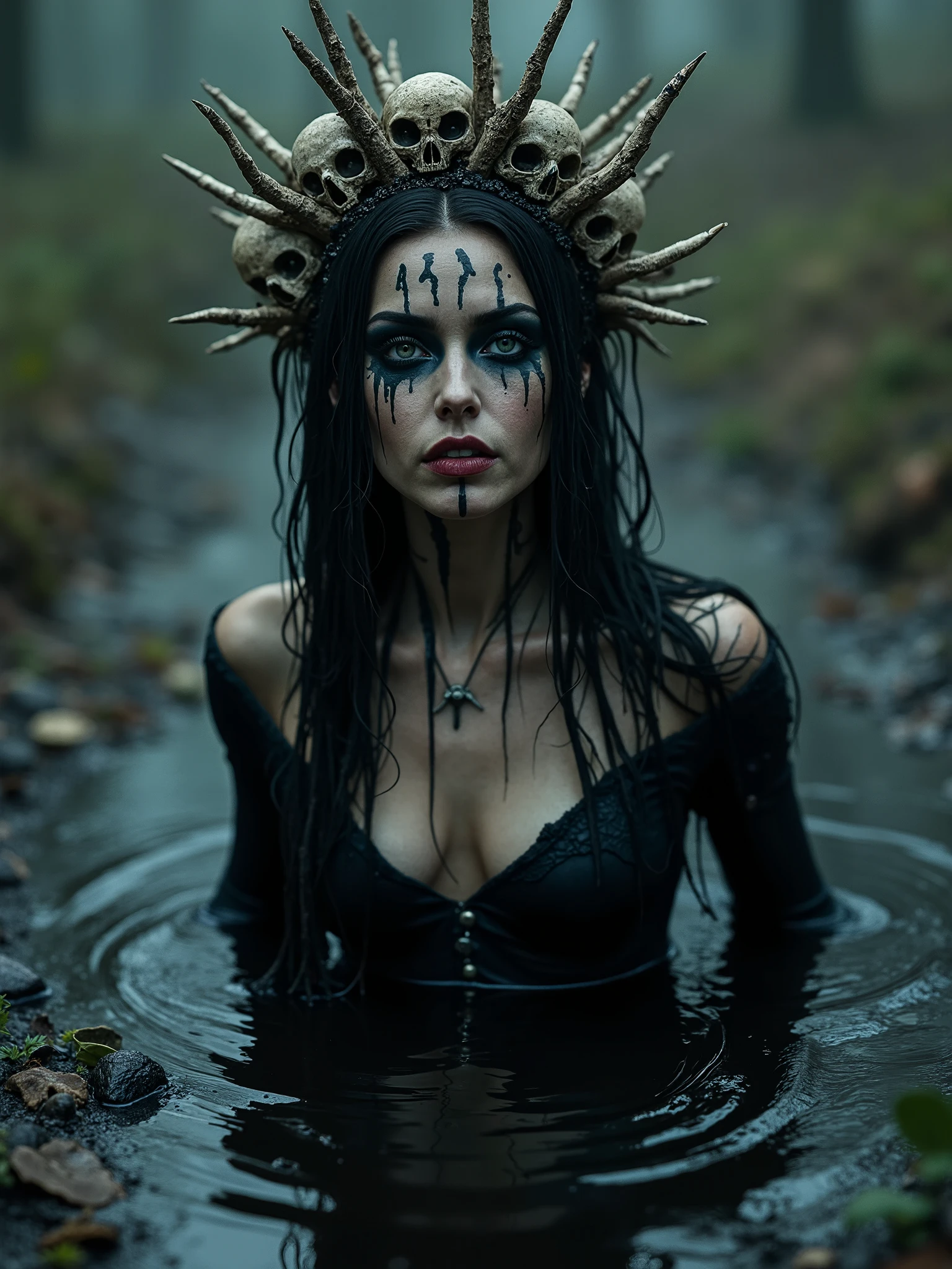 Beautiful necromancer goddess woman rising from a black goo puddle,a spiked crown made from giant bones and skulls on her head,dark makeup on her face, majestic eyes and dark tight wet shirt, dark surreal photography, dark art,dark realistic art, melancholic atmosphere
