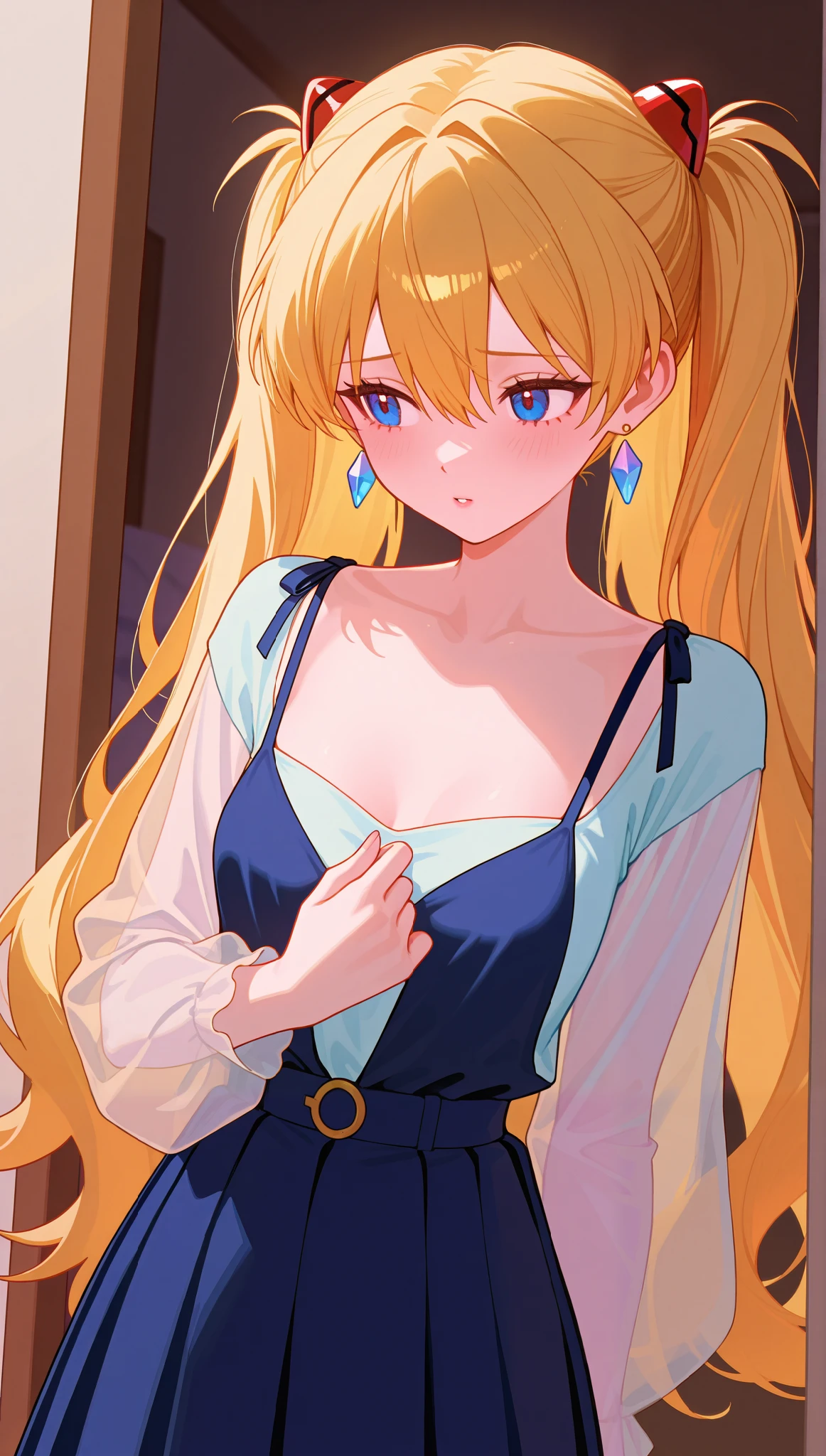 (masterpiece), (portrait), small breasts (aesthetics), ((1 female 21 years old)), Highlight earrings), ((long hair, inside the room, voluminous pigtails)), ((crystal blonde hair)), ((Asuka Soryu Langley)) straight hair, thin eyes open, look of an insecure, needy girl, cold look, blue eyes, cute, naughty, long transparent sleeves, all huddled in the corner of the room, shy, lane, woman, feminine, beautiful, female features, top, high quality, aesthetic clothing, professional angle, (rule of thirds), (feminine), , (beautiful) , (female), solo, (Korean attractive), summer, (ink haze), (afternoon), (vibrant light), seductive posture, ((face looking forward))), girl, blue strap blouse, dark blue pleated skirt, beautiful strap dress, sensual ((Energy)), (Bold Makeup), ((small Breasts)), Fair Skin, (Clothes with Hip Hop Details), (a hot women sculptural body, sexy pose), (Sleep Neckline), Beautiful Hands, Body beautiful, beautiful ears, beautiful eyes, bright eyes, beautiful mouth, beautiful lips, She's in her room, curled up, shy, insecure