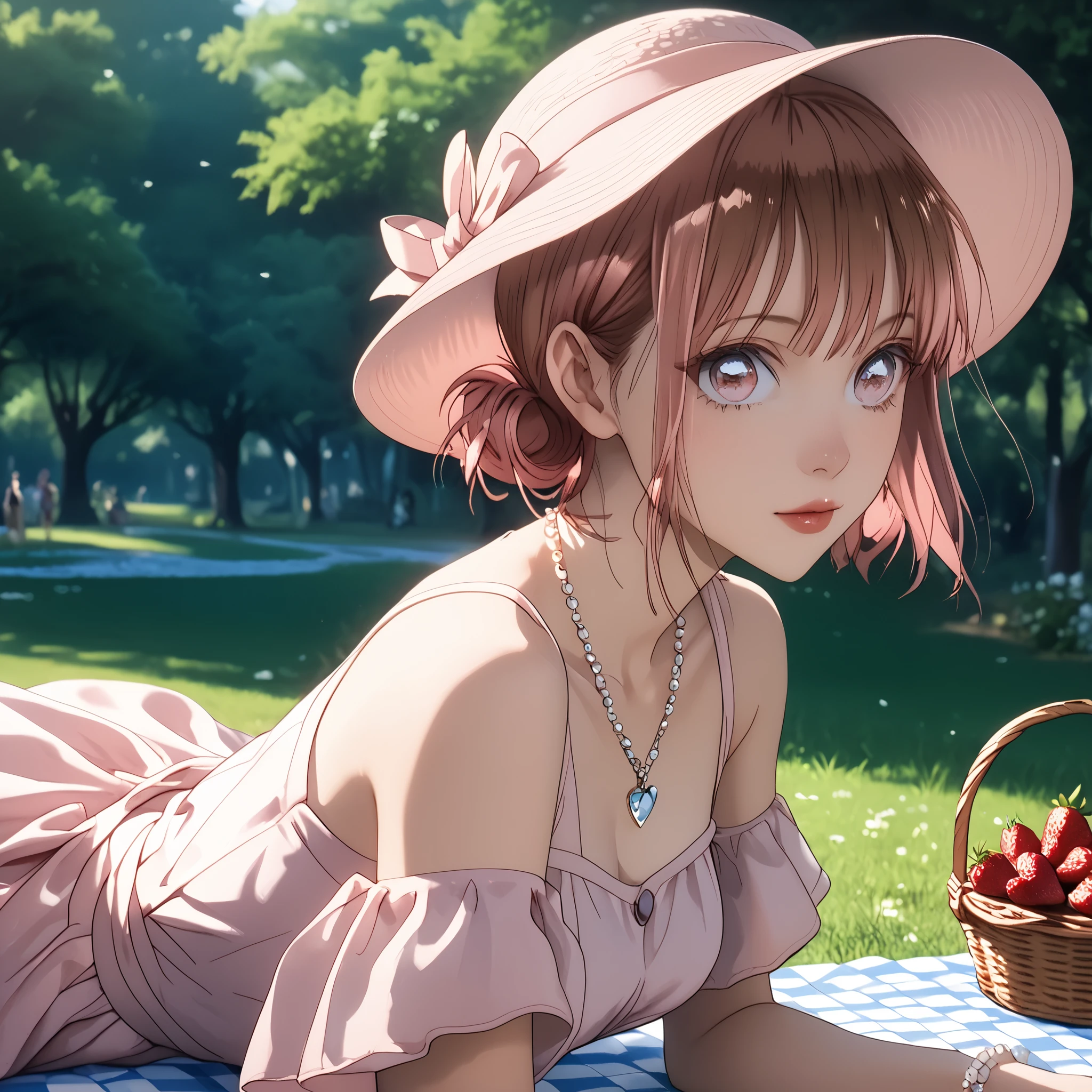 (beautiful girl:1.3),1girl,masterpiece,Highest quality,Ultra-high resolution,rich contrast,super high quality,8k,Highly detailed CG unit wallpaper,texture,Incredibly absurd,Ultra-high resolution,Highest quality anime,professional photograph,an extremely delicate and beautiful,RAW Photos,Depth of Field 1.2,ultra-detailed eyes,Glitter Effect,Beautiful glossy lips, 25years old, gorgeous legs, noise perfect, gorgeous ass, dynamic pose, sensual woman, seductive woman, mature woman, Milf, maternal, shy look, full body, (type of photo: medium shot, portraying the person from head to waist), 1girl chinatsu kano, short hair, brown hair, brown eyes, medium breasts,Kano Chinatsu from the Blue Box series, 2girl hina chouno, short hair, pink hair, pink eyes, bangs, blunt bangs, sidelocks, hair bun, double hair bun, medium breasts,Hina Chouno from the Blue Box series, Outfit: A pastel pink lace midi dress with puffed sleeves and an A-line skirt. Sandals with thin straps and a bow at the ankle. Accessories: Wide-brimmed cream hat, a necklace with a heart-shaped pendant and a pearl bracelet. Hair and makeup: Soft waves in the hair, natural makeup with pink lips and a subtle highlighter on the cheekbones. Scenario: A picnic in a flowery park, with a checkered blanket, a basket with strawberries and champagne, heart-shaped balloons floating around.
