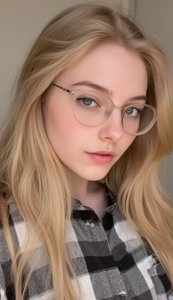 Woman, white, curly hair, green eyes and glasses