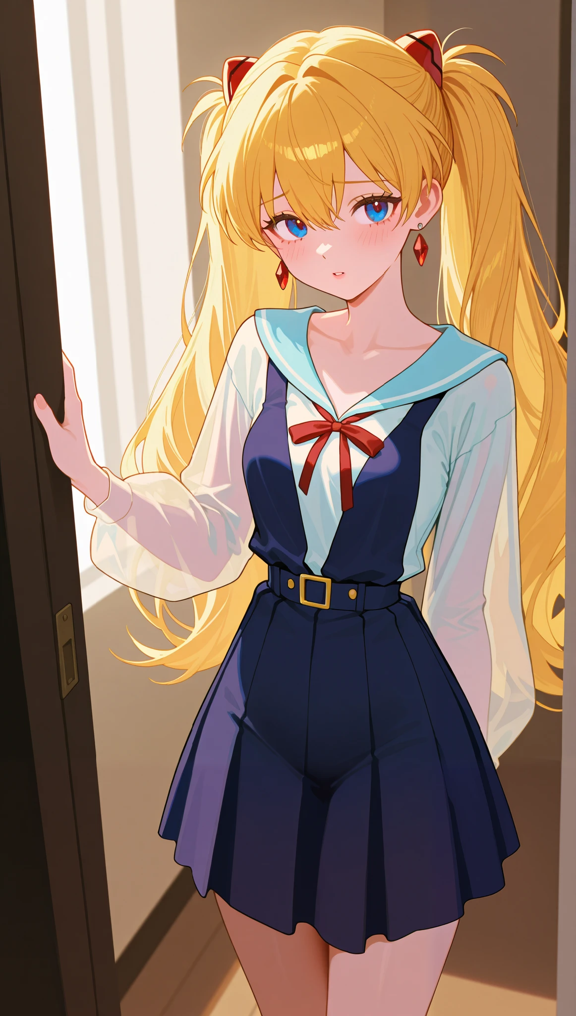 (masterpiece), (portrait), small breasts (aesthetics), ((1 female 21 years old)), Highlight earrings), ((long hair, inside the room, voluminous pigtails)), ((crystal blonde hair)), ((Asuka Soryu Langley)) straight hair, thin eyes open, look of an insecure, needy girl, cold look, blue eyes, cute, naughty, long transparent sleeves, all huddled in the corner of the room, shy, lane, woman, feminine, beautiful, female features, top, high quality, aesthetic clothing, professional angle, (rule of thirds), (feminine), , (beautiful) , (female), solo, (Korean attractive), summer, (ink haze), (afternoon), (vibrant light), seductive posture, ((face looking forward))), girl, blue strap blouse, dark blue pleated skirt, beautiful strap dress, sensual ((Energy)), (Bold Makeup), ((small Breasts)), Fair Skin, (Clothes with Hip Hop Details), (a hot women sculptural body, sexy pose), (Sleep Neckline), Beautiful Hands, Body beautiful, beautiful ears, beautiful eyes, bright eyes, beautiful mouth, beautiful lips, She's in her room, curled up, shy, insecure