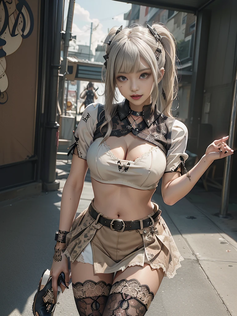 (Full Body View:1.3)、(Side view:1.1)、(Smiling with teeth showing:1.3),(Shibuya Gal:1.5)、(Beautiful:1.4)、(Goth Fashion:1.5)、(Punk RockVisual Kei:1.3)、(Futuristic baby doll in metallic grey, khaki and denim:1.5)、(A delicate jacket in beige, black and navy:1.5)、(Denim garter belt:1.5)、(Denim, olive, and white bodysuit:1.4)、(Heart-shaped silver accessories:1.5)、(Brown Skin Belt:1.4)、(Blue High Heels:1.4)、(Lace patterned underwear:1.4)、2、NSFW,((Highest quality、In 8K、masterpiece:1.3))、Sharp focus:1.2、(Layered Cut、Beautiful boobs:1.1),Beautiful woman with perfect figure:1.4、(Doing an aerobics pose:1.3)、Slender Abs:1.2、Butt、Highly detailed face and skin texture、Detailed eyes、double eyelid,(Twin tails:1.3)、(Light gold colored hair:1.3)、(Black brown eyes:1.3)、Obscene、Gravure idol、(Luxurious amusement park at night:1.3)、(Make your legs thinner:1.4)、(Thin thighs:1.4)、(Slim Body:1.3)、(clavicle:1.1)