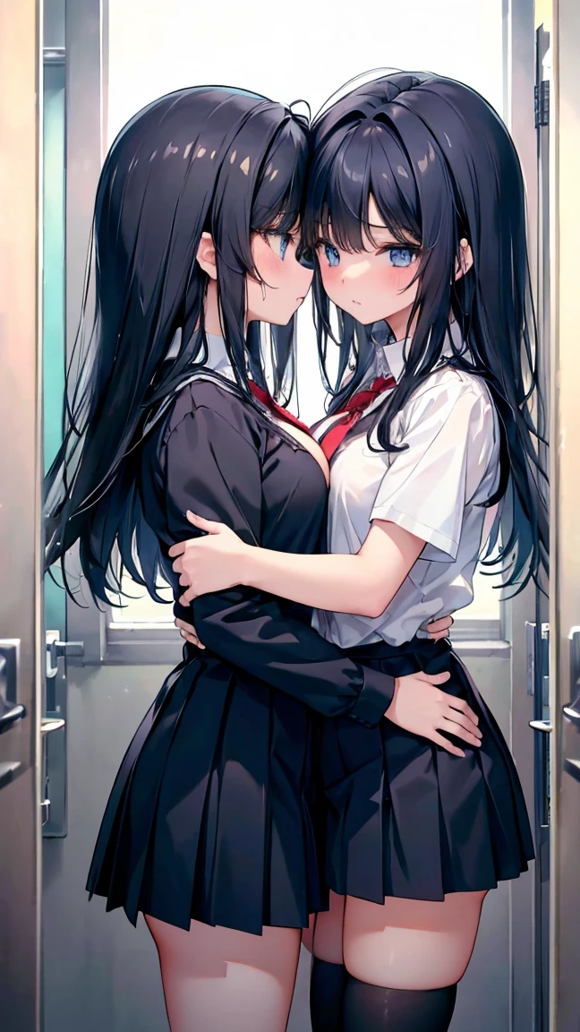 School girl in a school outfit and skirt showing abit of her tummy aggressively kissing and hugging another girl wearing a school outfit showing abit of her tummy