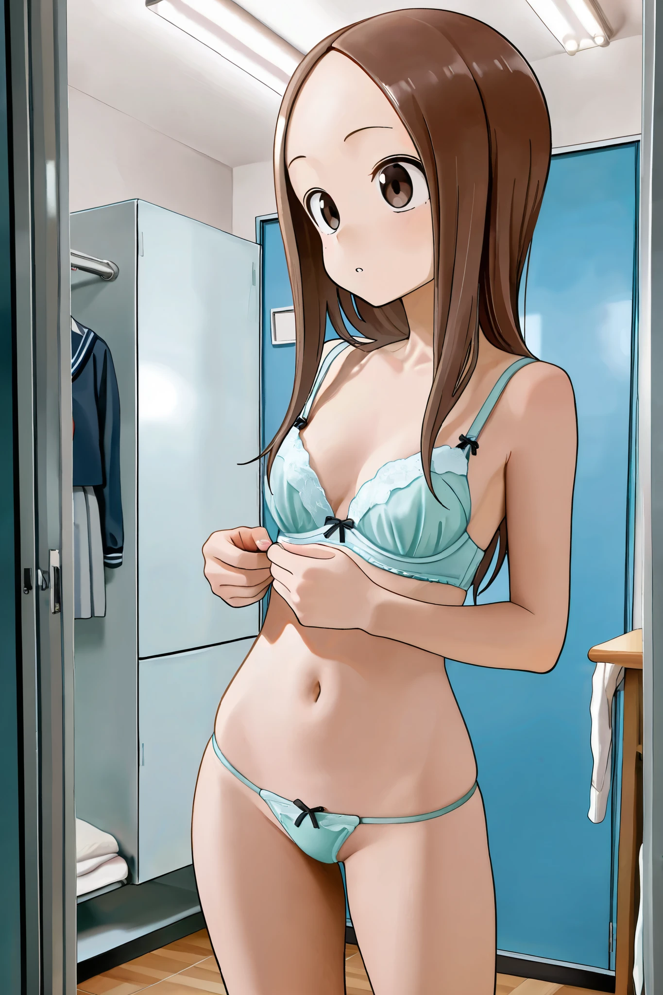 NSFW, Masterpiece, top quality, high resolution, very detailed,Takagi\(からかい上手のTakagi\), with long hair 、 Hair,Forehead、clavicle,School, dressing room, is changing clothes , bra, thong panties