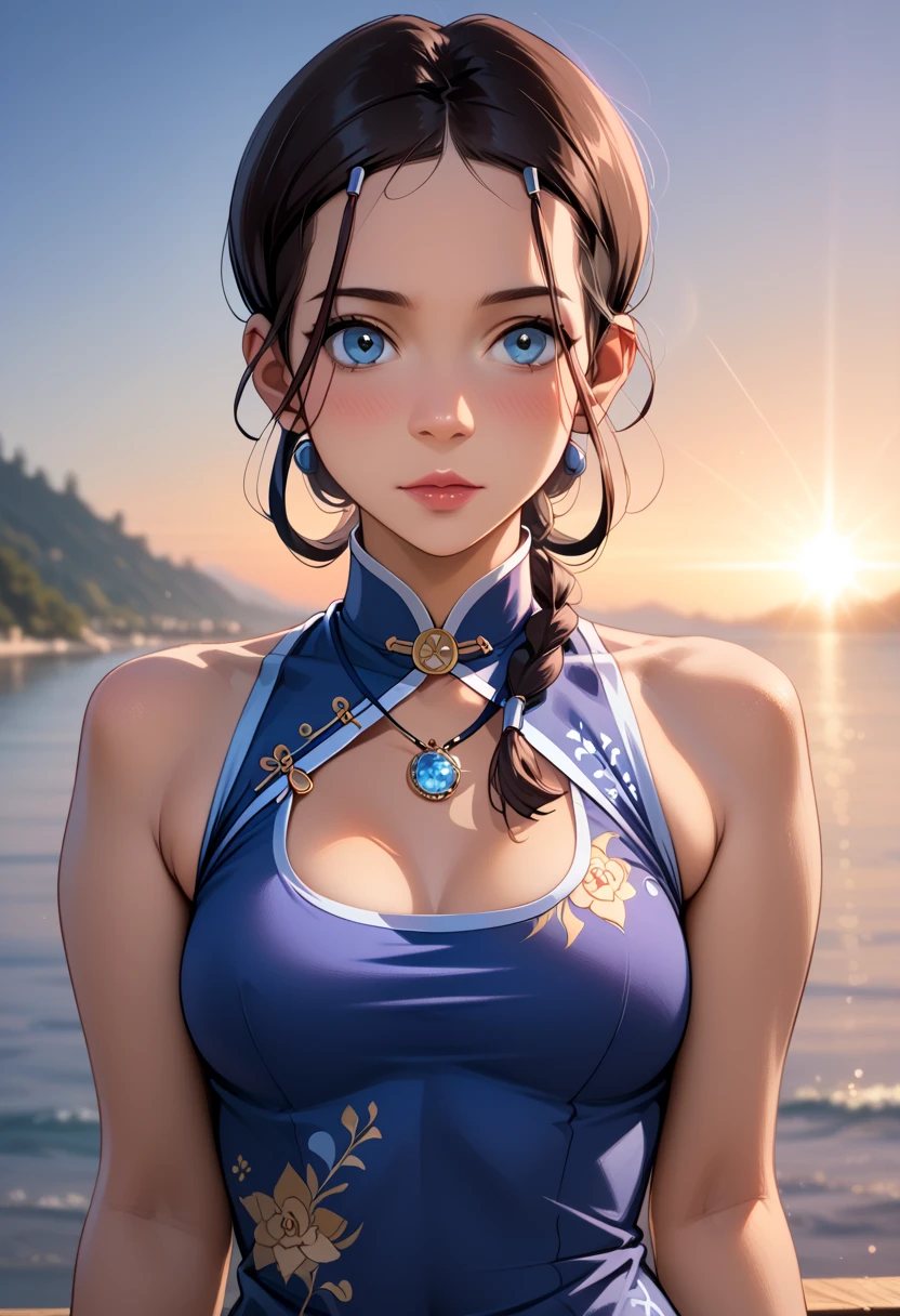 anime illustration, ((((highest quality)))), (((Ultra-precision CG 16K))), (((masterpiece))), BREAK skinny body, slender waist, medium Breasts, (((perky breasts))), ((sagging breasts)), (covered nipples), (((tanned skin, tan lines))) , BREAK ( smiling, blush, determined expression, sweaty , Heavy breathing, embarrassed, ) , (natural make), BREAK narrow eyes, (streaked hair, hair intakes, colored inner hair, ) BREAK (((wearing printed oversized clothing , wearing wide-leg-pants, breasts is covered by outfit, (detailed panty), Narrow aisles,))) , wearing earrings , BREAK ( stick breast out, bending over, all four, )) BREAK (( ripples , horizon , under the cosmic sky on the cosmic sea , cosmic effects)), (((close-up of face, bust-up shot, looking at viewer, ))), BREAK ((cinematic , from side , from above , (Distant view, Panorama), looking at viewer, )) , pinup magazine pose,