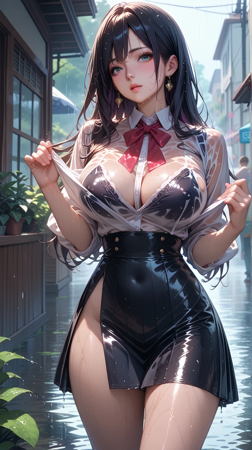 NSFW, masterpiece, high quality, high resolution, beautiful girl, fat girl, armpit hair, huge nipples, see through nipples and pussy under raincoat, wetting, rainy