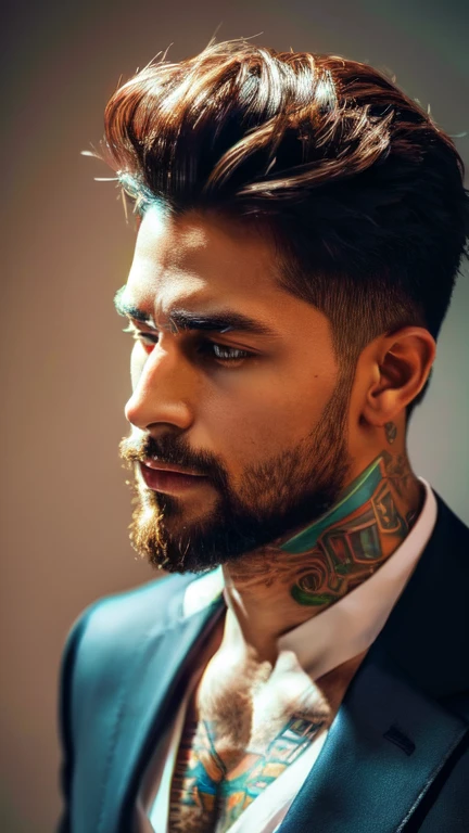 handsome man with light beard,middle age,black hair,indian,student,pen in hand,high resolution,high detail,tatoo in neck,eye are white