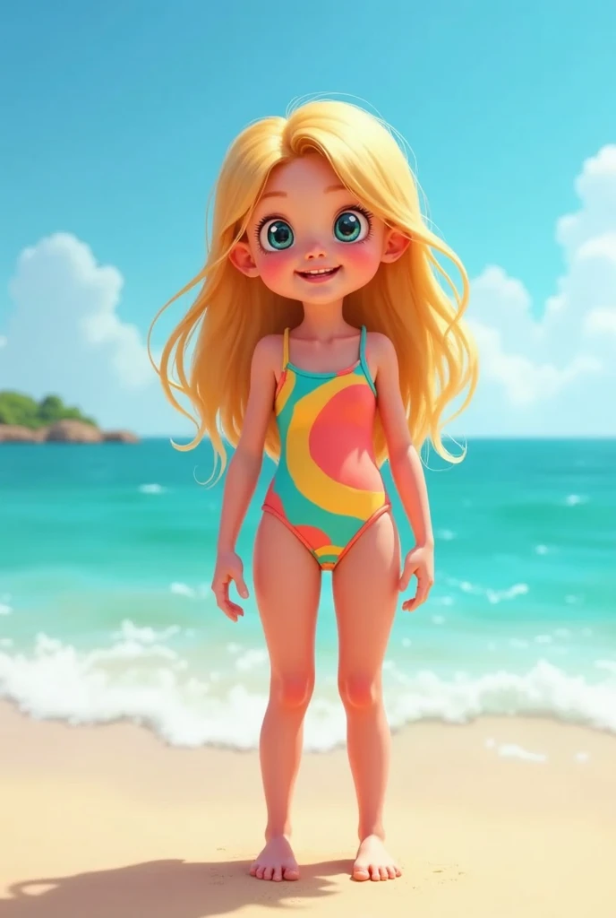 girl 6 years old blonde, long hair, cheerful, slender, in a swimsuit stands on the seashore, portrait full growth, child, girly, preschooler on the beach, in a bright swimsuit.