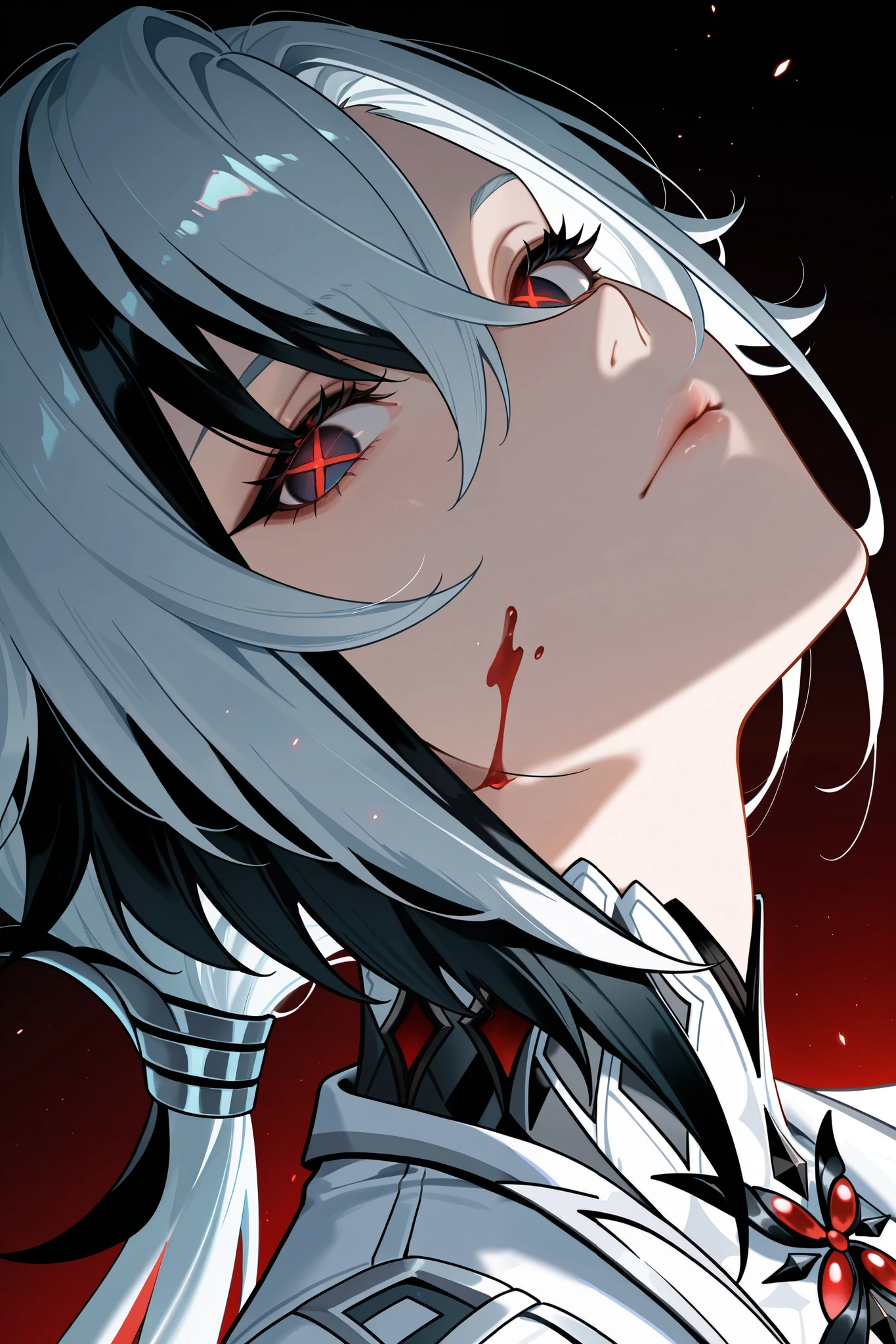 masterpiece, best quality, amazing quality, newest, very aesthetic, hyper-detailed, realistic, 1girl, arlecchino \(genshin impact\), portrait, close-up, glowing eyes, head tilt, looking at viewer, blood on face, expressionless, (dark background:1.2), backlighting, red light, light particles, glow, highres, absurdres