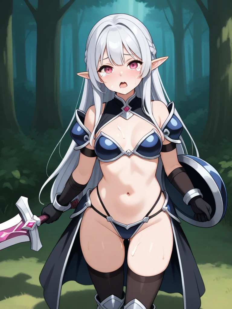masterpiece, Highest quality, Highest quality, High resolution, concentrated、You can see the top and bottom of your underwear(Pink underwear)、Open chest、The crotch is open、Facing each other、A warrior girl fighting many goblins(Magic wand)(Fire Magic)(Desperate look)(Horizontal)(White Hair)(Blue clothes)(Cape)(choker)(belt)(Heart Necklace)(Thigh knee-high socks)(Tear bags)(Earrings)(boots)(Clothes get a little torn)、Fighting Goblins、Full body angle、Side view、Drops of sweat fly、Inside the Earth Ruins、Speed、