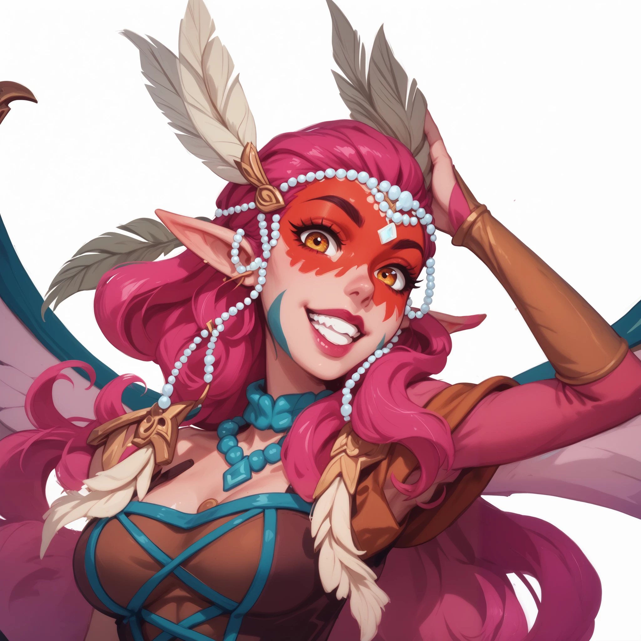 a close up of a woman with pink hair and feathers, character art closeup, pixie character, portrait of jinx from arcane, official character art, goblin girl dnd character, fantasy hearthstone art style, artgerm detailed, in hearthstone art style, elf girl, samira from league of legends, portrait of an elf queen, inka harpy girl