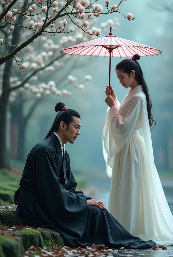 Asian couple in traditional costume standing under umbrellas in the park, Hanfu, White Hanfu, Wuxia, Wearing ancient Chinese clothes, full-body wuxia, live-action movie scenes, Palace ， A girl in Hanfu, Traditional Chinese clothing, Chinese traditional, Inspired by Seki Dosheng, Chinese style, inspired by Gu An, Cai Xukun