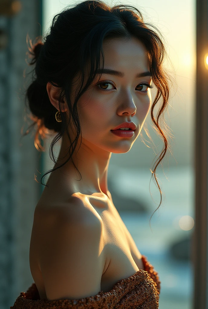 Best quality, masterpiece, ultra high res, (photorealistic:1.5), raw photo, 1girl, offshoulder, in the dark, deep shadow, low key, cold light, sexy look, short hair