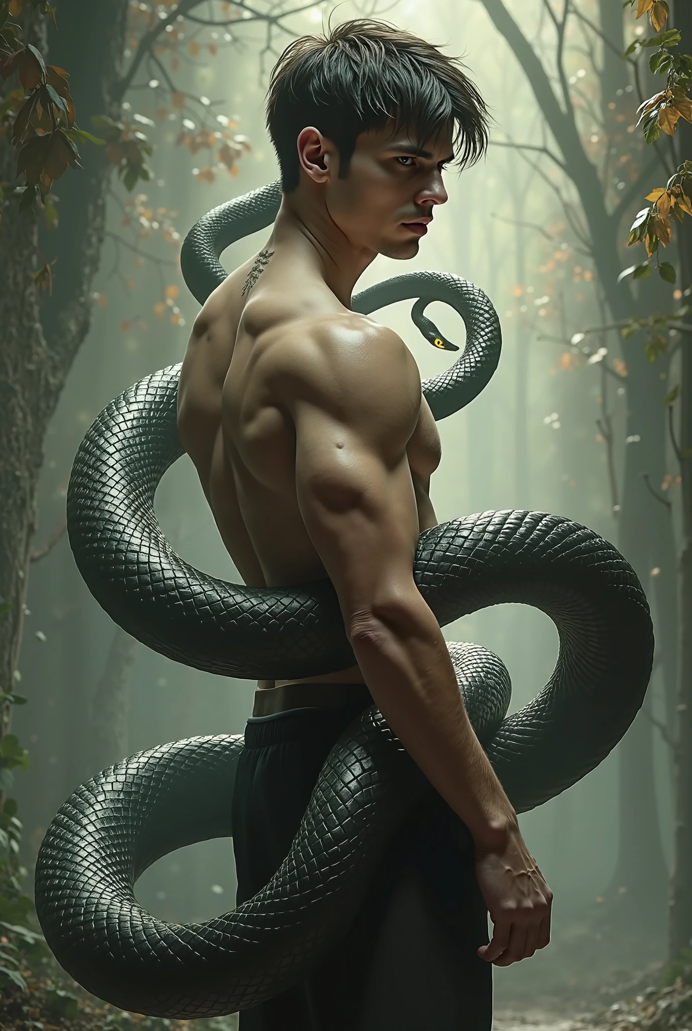 Handsome black half snake human man with cold temperament and thunder powers