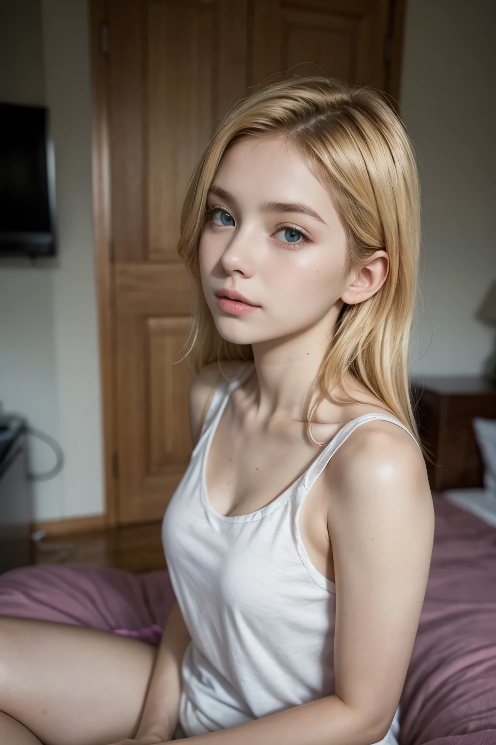girl with long blonde hair wearing a white dress, bedroom background