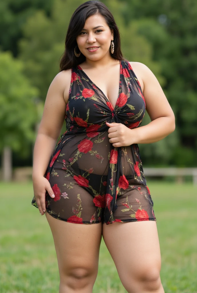 A photo of a sexy, curvy 20-year-old innocent colombian thick girl from a normal park setting. She's wearing a loose, sleeveless mini micro transparent floral sundress that hugs her figure, showcasing her thick muscular thighs. Her confident smirk radiates charisma as she suts under the natural sunlight, her large earrings catching the light. Detailed skin texture, DSLR quality, cinematic lighting, and intricate accessories all come together to capture her allure and their shared moment of intimacy in this full-body view. (((large breasts))), (((deep open neckline))), ((frowning)), (((full body view))), (((inner thighs))), (((thick thighs))), (((sexy thick thighs))), (((full body view))), (((full body view, 1.2))), (((standing))), (((thick massive thighs))), sunny,indicute