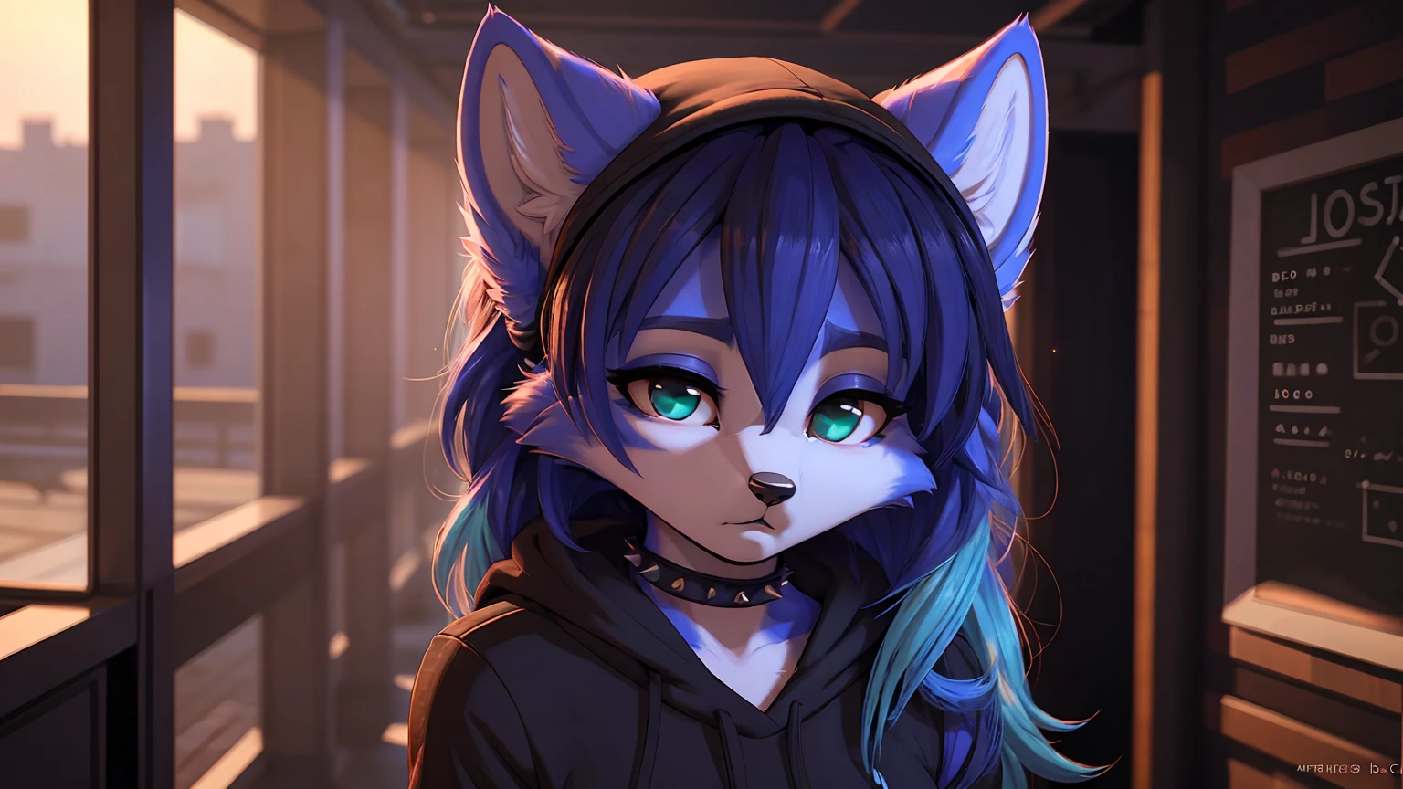 Black chacal girl, black dark fur high definition add_detail:1, black fur,kitsune ears, tribal tattoo add_detail:1 cute high school clothes, pretty girl add_detail:3 18 year old girl, short black lycra, black metal t shirt, flirty look add_detail:3  ojos detallados  pupilas radiantes add_detail, glowing blue eyes,