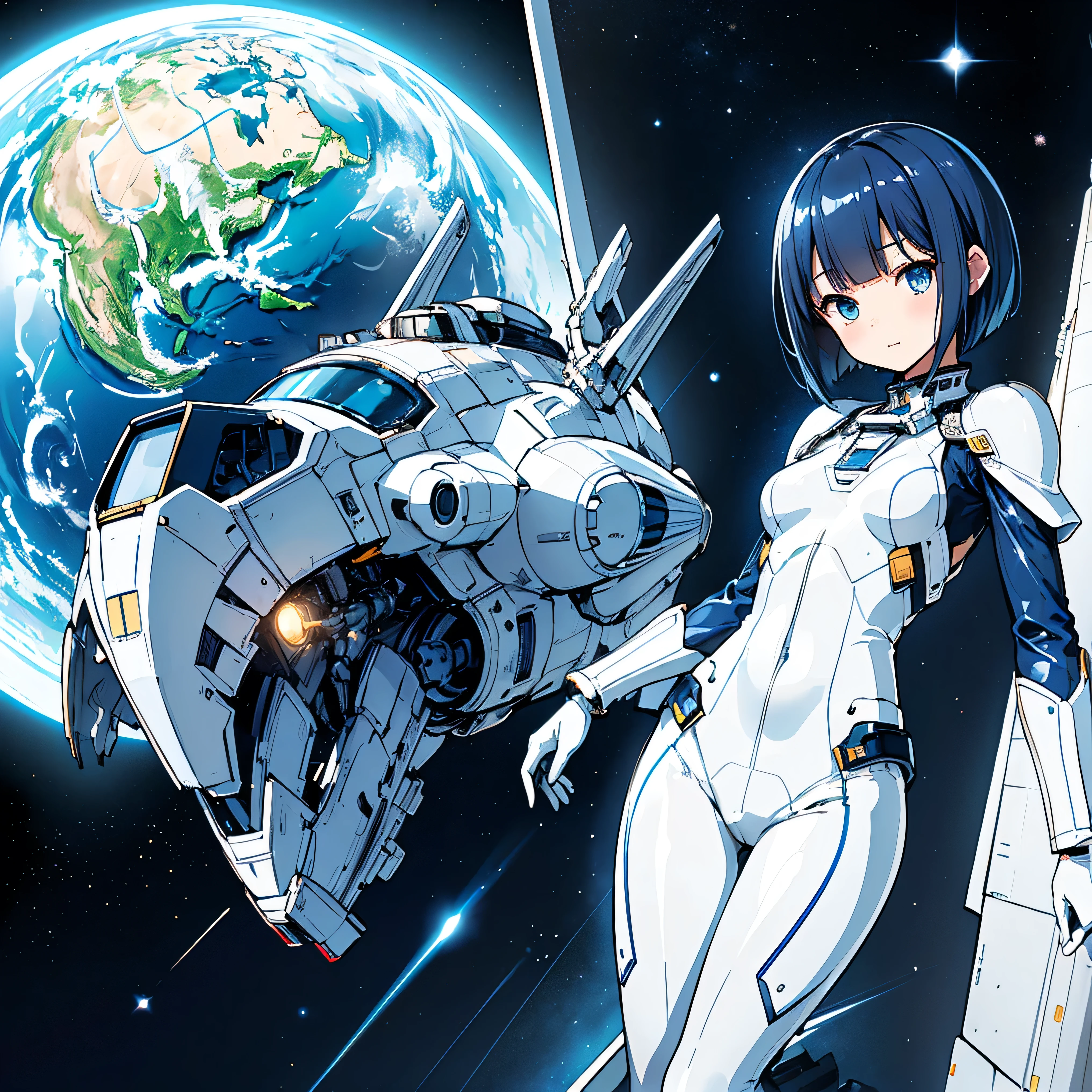 ( Masterpiece、 top quality、 highest resolution、 Clear Images 、 Detailed Details ):(whole body、 20 year old girl、The Face of Japan、Small face、 slim、 dark blue super short bob cut hair 、(Hidden small breasts:1.3)、 Sparkling Blue Eyes 、white and navy blue shiny pilot suit、Chest protection armor、 tight clothes、whole bodyを覆うwhite and navy blue shiny pilot suit、魅力的なwhite and navy blue shiny pilot suit、 fitted pants 、肌を隠すwhite and navy blue shiny pilot suit、 very delicate and beautiful、胸を隠すwhite and navy blue shiny pilot suit、肩を隠すwhite and navy blue shiny pilot suit、 detailed skin、太ももを隠すwhite and navy blue shiny pilot suit、お尻を隠すwhite and navy blue shiny pilot suit、 cute、 gentle smile、 gentle expression、heroine、 headset、 long boots、 elbow length gloves 、Eye shot 、 peace talks between fighting factions 、attention arousal、Clever Blue Eyes 、straight face )、Spaceship、Moon in the background、 Galactic Clouds in the Background 、Meteor Shower、Meteor Shower、Saturn、Neptune、comet