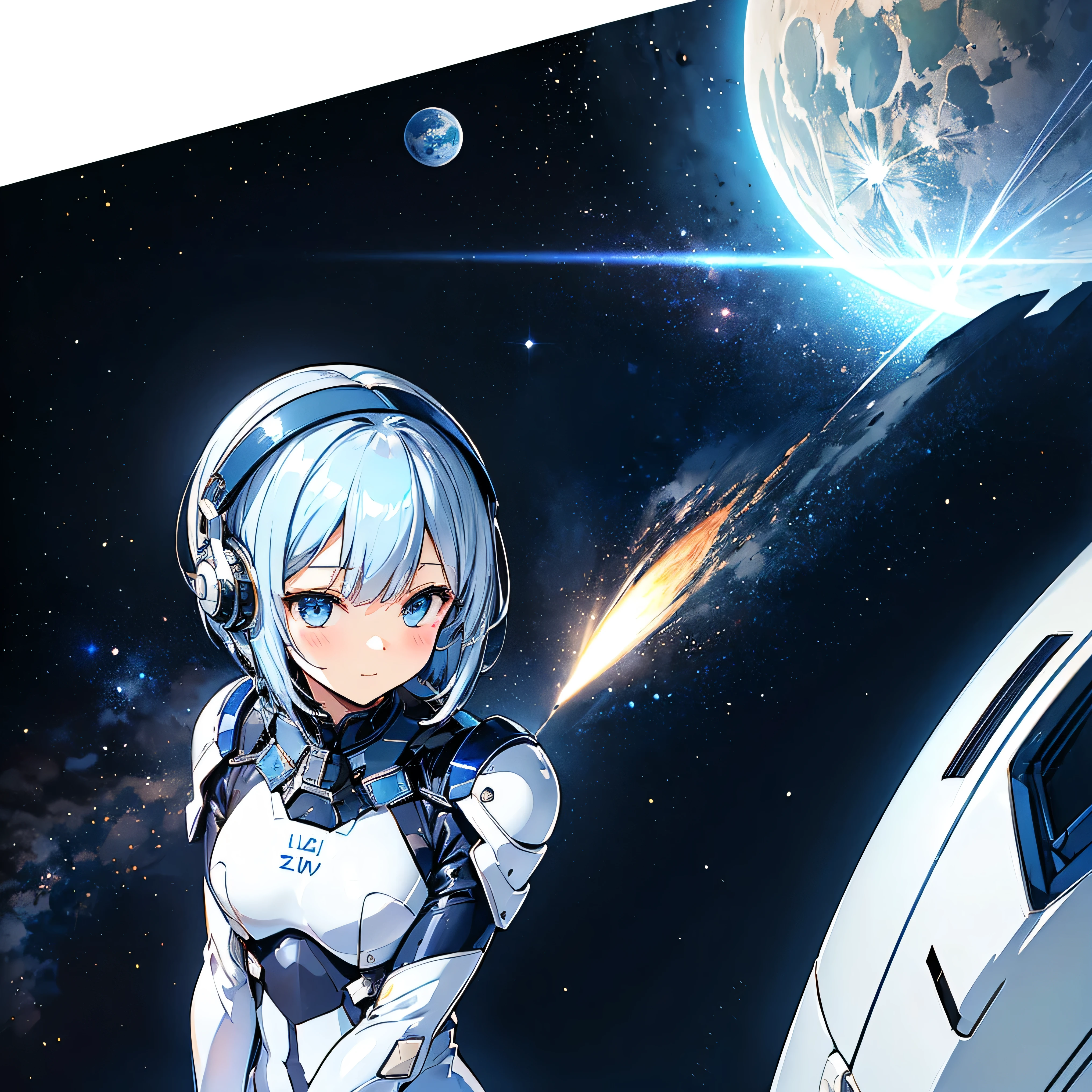 ( Masterpiece、 top quality、 highest resolution、 Clear Images 、 Detailed Details ):(whole body、 20 year old girl、The Face of Japan、Small face、 slim、 dark blue super short bob cut hair 、(Hidden small breasts:1.3)、 Sparkling Blue Eyes 、white and navy blue shiny pilot suit、Chest protection armor、 tight clothes、whole bodyを覆うwhite and navy blue shiny pilot suit、魅力的なwhite and navy blue shiny pilot suit、 fitted pants 、肌を隠すwhite and navy blue shiny pilot suit、 very delicate and beautiful、胸を隠すwhite and navy blue shiny pilot suit、肩を隠すwhite and navy blue shiny pilot suit、 detailed skin、太ももを隠すwhite and navy blue shiny pilot suit、お尻を隠すwhite and navy blue shiny pilot suit、 cute、 gentle smile、 gentle expression、heroine、 headset、 long boots、 elbow length gloves 、Eye shot 、 peace talks between fighting factions 、attention arousal、Clever Blue Eyes 、straight face )、Spaceship、Moon in the background、 Galactic Clouds in the Background 、Meteor Shower、Meteor Shower、Saturn、Neptune、comet
