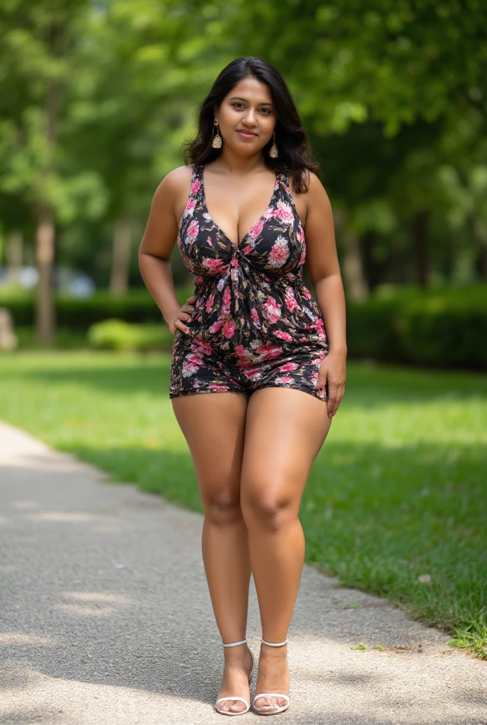 A photo of a sexy, slim 20-year-old innocent dusky brown skinned Indian thick girl from a normal park setting. She's wearing a loose, sleeveless mini micro transparent floral sundress that hugs her figure, showcasing her thick muscular thighs. She wears high heels. Her confident smirk radiates charisma as she suts under the natural sunlight, her large earrings catching the light. Detailed skin texture, DSLR quality, cinematic lighting, and intricate accessories all come together to capture her allure and their shared moment of intimacy in this full-body view. (((large breasts))), (((deep open neckline))), ((frowning)), (((full body view))), (((inner thighs))), (((thick thighs))), (((sexy thick thighs))), (((full body view))), (((full body view, 1.2))), (((standing))), (((thick massive thighs))), sunny,indicute, (((high heels)))