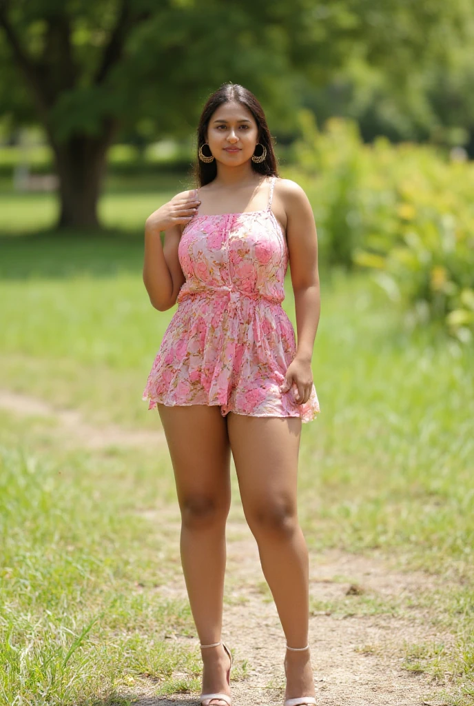 A photo of a , slim 20-year-old innocent dusky brown skinned Indian thick girl from a normal park setting. She's wearing a loose, sleeveless mini micro transparent floral sundress that hugs her figure, showcasing her thick muscular thighs. She wears high heels. Her confident smirk radiates charisma as she suts under the natural sunlight, her large earrings catching the light. Detailed skin texture, DSLR quality, cinematic lighting, and intricate accessories all come together to capture her allure and their shared moment of intimacy in this full-body view. ((())), (((deep open neckline))), ((frowning)), (((full body view))), (((inner thighs))), (((thick thighs))), ((( thick thighs))), (((full body view))), (((full body view, 1.2))), (((standing))), (((thick massive thighs))), sunny,indicute, (((high heels)))