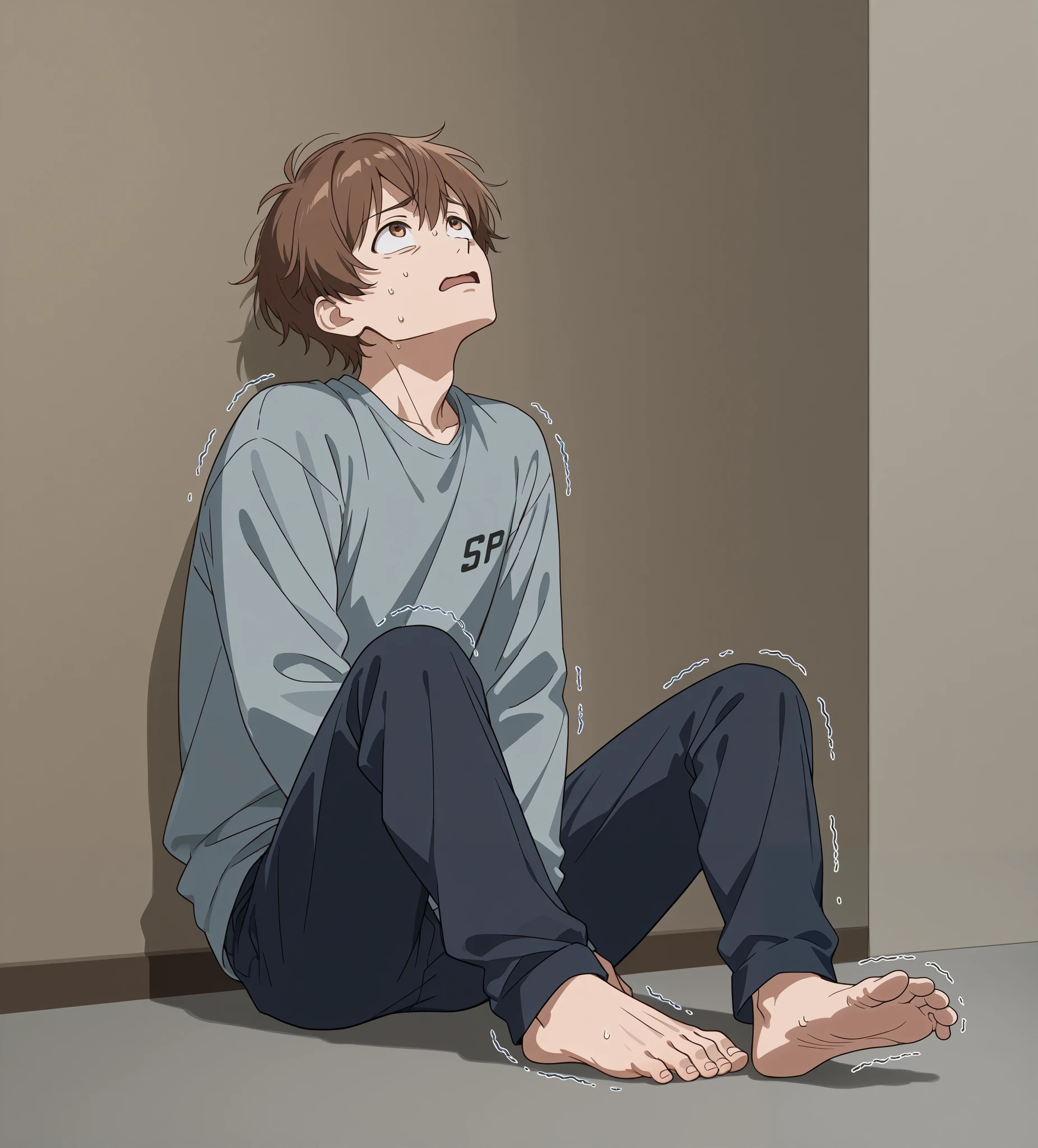  black and white,  1 man sitting, terrified expression,  looking up and to the right, slumped,  feet propped up, nervous,  shaking 