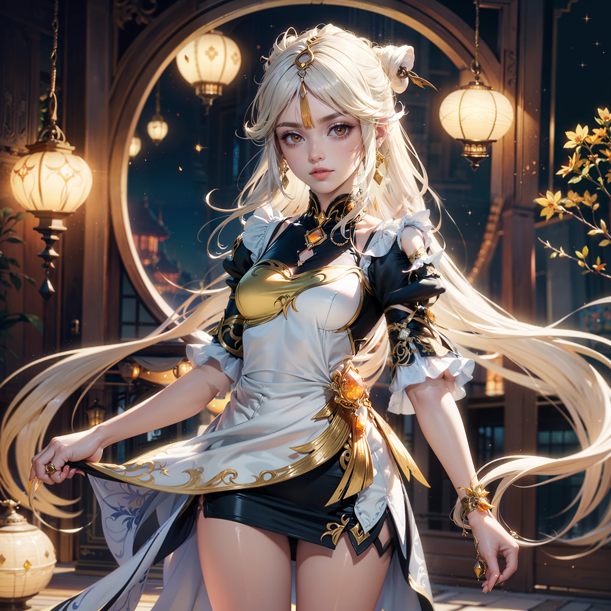 1girl, dress, jewelry, blonde hair, flowing hair, long hair, solo, firefly, long flowing hair, floating hair, ornament hair, Looking at the viewer, flowing hair, magical girl, Beautiful Eyes, maid, maid dress, maid headdress, white headdress, maid apron, white apron, dress with too many frills, white dress, gold laces, white Short skirt, skirt with layers, frills, dress with layers, small skirt, Drape clothes, gold gem, Lace trim, lux garden, luxury gold details, gold jewelry, more details, best quality, blushing, Striped Lace Stockings, short skirt, sparkle, solo, centered girl, cowboy shot, glowing hair, magical girl, sparkles, more details on her clothes, dress with transparency, golden details on her dress, night, oriental lanterns