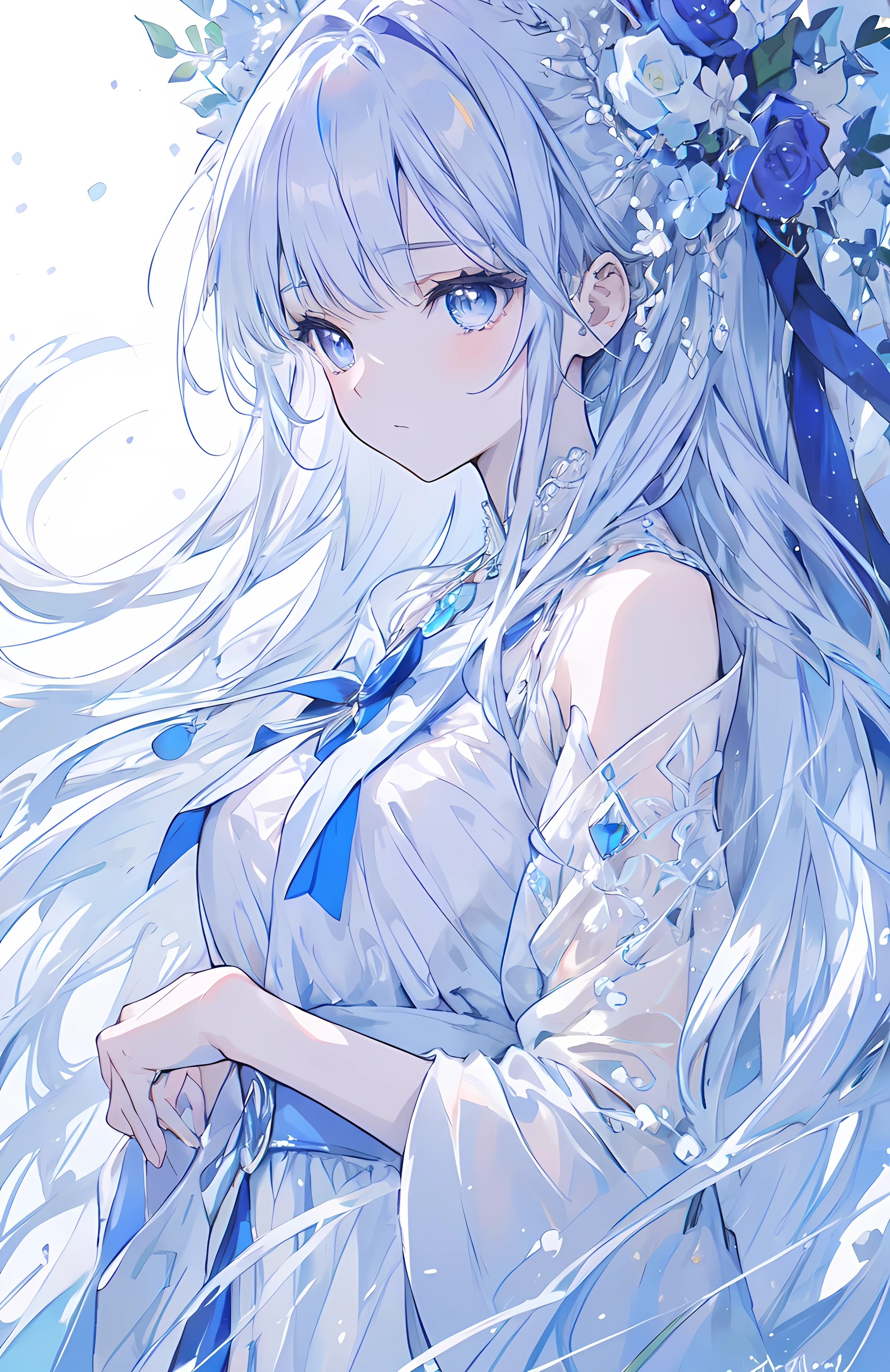 "A breathtaking anime-style illustration of a young woman with long, silky white hair cascading down her shoulders. Her hair is adorned with an intricate floral arrangement consisting of deep blue roses, smaller violet flowers, and delicate white lace. Dangling from the floral piece are elegant sapphire-blue and amethyst-purple gemstone ornaments, catching the light with a mesmerizing glow. Her piercing, icy blue eyes reflect a soft melancholy as she gazes into the distance, her expression calm and serene.
Her delicate, pale skin has a soft blush on her cheeks, and her long, wispy eyelashes enhance her gentle yet captivating presence. She wears an elaborate high-collared lace dress with intricate floral embroidery, blending white and blue hues that complement her overall aesthetic. Around her neck and ears, she wears sapphire gemstone jewelry that sparkles with a brilliant deep blue, enhancing her regal and ethereal appearance.
The lighting in the artwork is soft and diffused, casting a gentle glow on her face and hair, with subtle highlights accentuating the fine details of her delicate features. The background is minimalistic and softly blurred, with hints of cool pastel tones that harmonize with the serene and elegant atmosphere. The overall color palette consists of whites, blues, and purples, creating a dreamy and sophisticated aesthetic with an emphasis on elegance and tranquility."