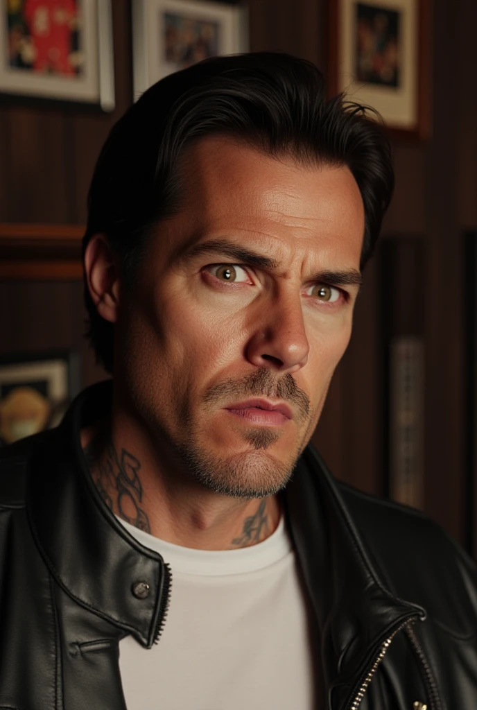 Photorealistic of a 42 year old man with a youthful and  appearance,  her hair is black ,  at shoulder height , perfectly fitting .  Her eyes are almond and brown ,  he has a serious and dominant look . Its nose is Roman and angular, with a slight bulge on the back and a sharp tip, curved downwards. His mouth is wide and shapely ,  with lips not too thin and not too thick . It has a trimmed goatee with some white .  His jaw is marked and defined . He's wearing a white T-shirt,  with a black leather jacket on top ,  highlighting his photorealistic rocker style .  His neck is also closed by tattoos .  Her skin is slightly tanned .  He is in a rustic rock bar ,  with some frames Of classic bands on the wall.  His face is slightly turned to the side .