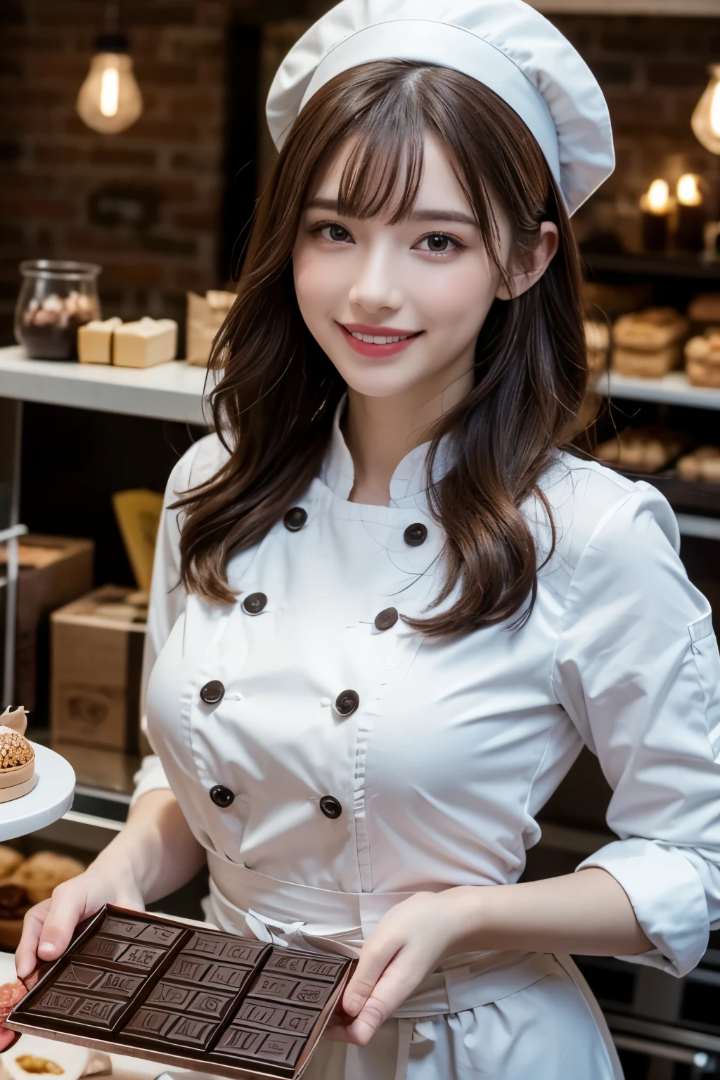 St. Valentine day season, in a cozy pastry shop, a pastry chef, creating a luxurious large chocolate with intricate decorations, with bob hairstyles pale orange and brown hair, wearing a clean white chef's uniform and chef's hat, the top button of the upper clothes is opened, beautiful white-colored translucent skin, glamorous figure, a little chubby, neat, clean appearance, natural makeup, with a satisfied big smile, adult sexiness, alluring, glossy face, surrounded by festive tools and ingredients, warm holiday lighting, realistic photo style, a lot of gift box with chocolate illustrations in the background, {photorealistic}, {4K resolution}, {cinematic}, {dramatic}