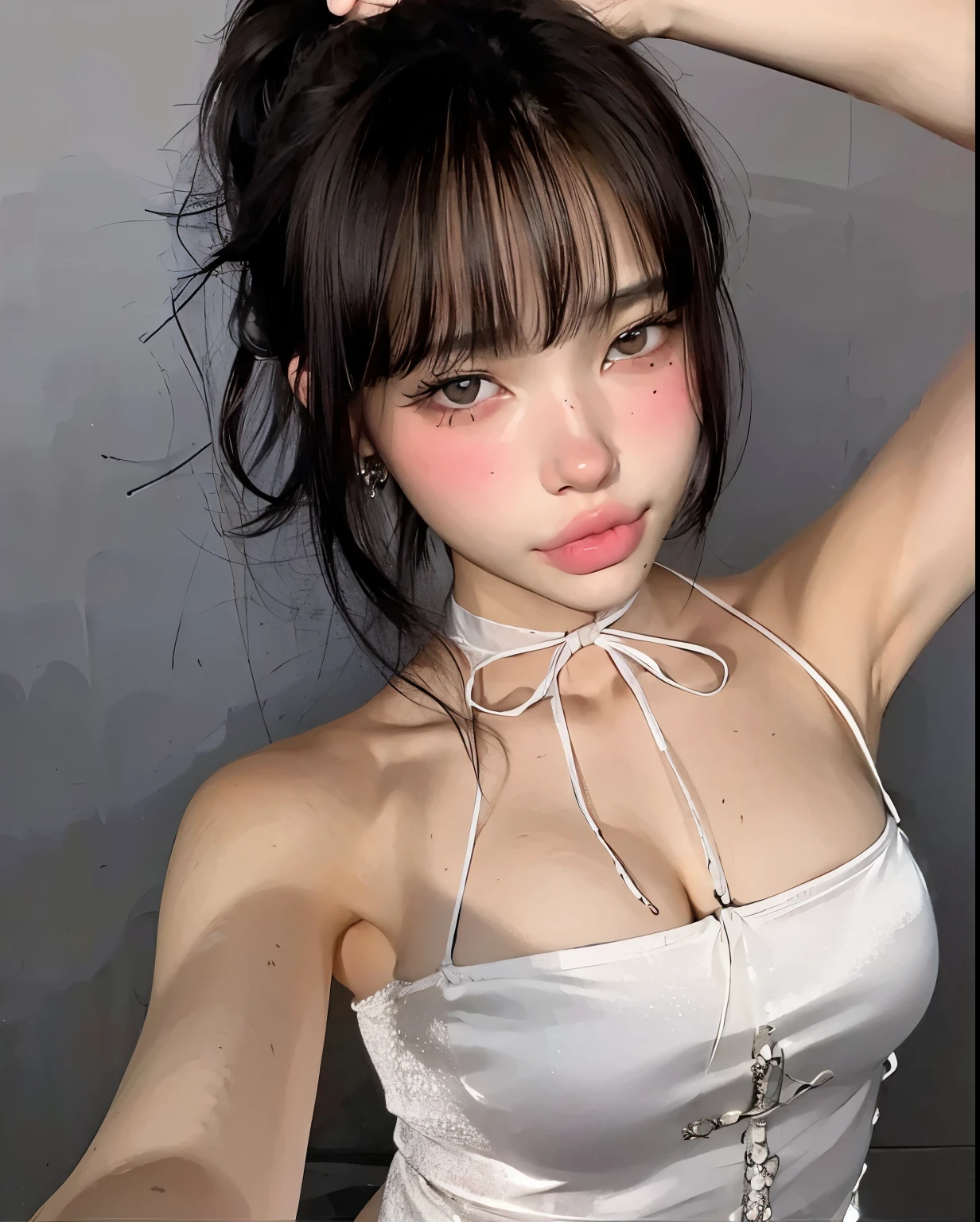Korean girl, byself, 1 girl,ssmile, harajuku makeup, Perfect lipstick, perfect eyeshadows, Perfect jewelry, Intricate details of clothing, Perfect breasts,perfect thighs,Perfect Finger,Perfect girl,gigantic cleavage breasts,Exquisite facial details, Sexy fashion Korean model, brown tanned skin, mixed girl, Bob Hairstyles, The masterpiece kawaii is popular on Pixiv, Perfect body, Perfect face, Perfect form, Perfect background, Perfectcomposition)), Depth of field Volumetric lighting Surrealism Realistic facial features Realistic environment Complex facial features Perfect skin, Flawless, Masterpiece, kawaii, Sexual Abuse Female Student, 18yr old, The clothes fit snugly against her body, pornstar, Sexy schoolgirl, Sexy pose, Perfect posture ,perfect angle,Nipple bumps,White transparent tulle,((looking at viewert))