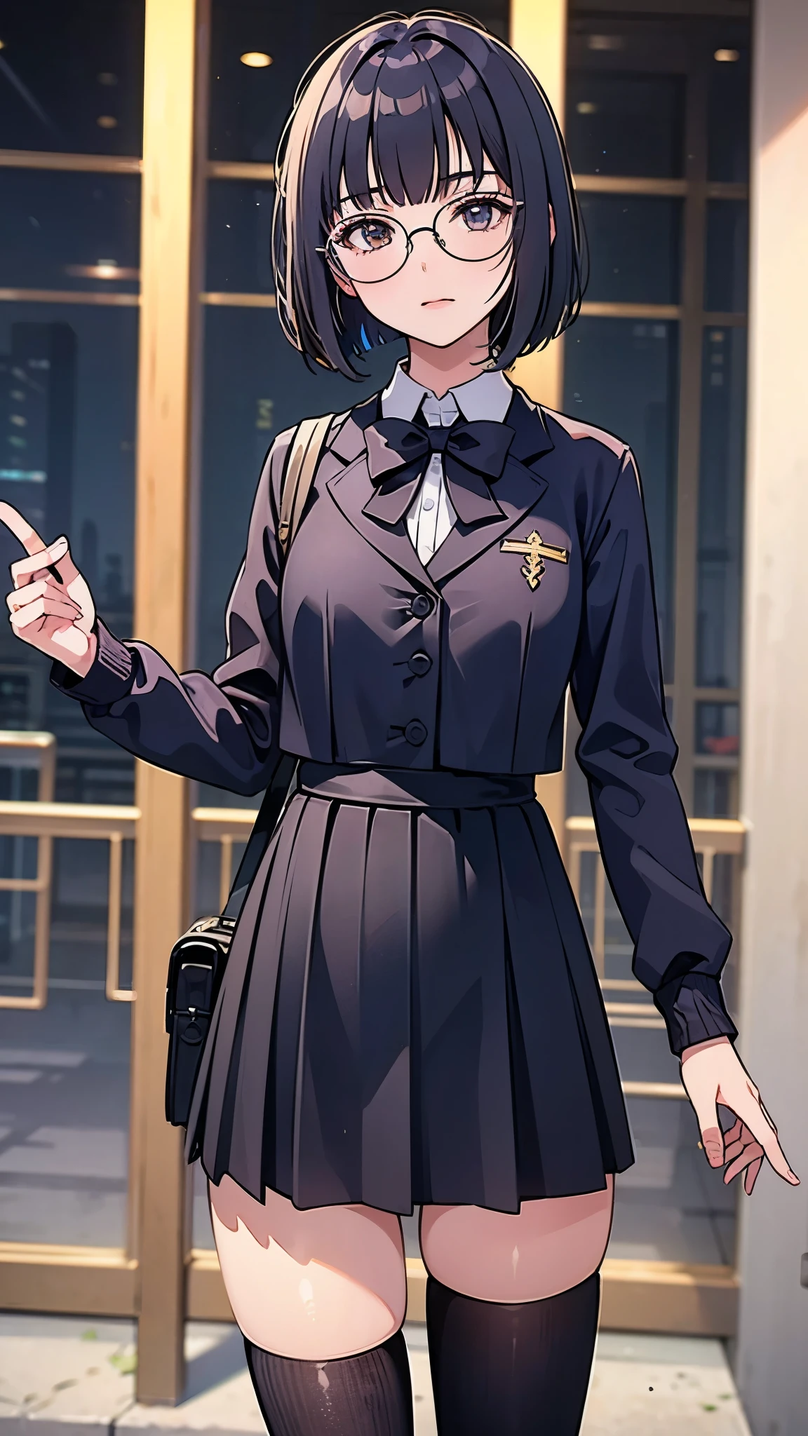 anime style, 8k, masterpiece, ultra high res, 1 girl, wearing school uniform, round glasses, glasses, glasses with thick frames, blunt bangs bob hair, moon face, standing,