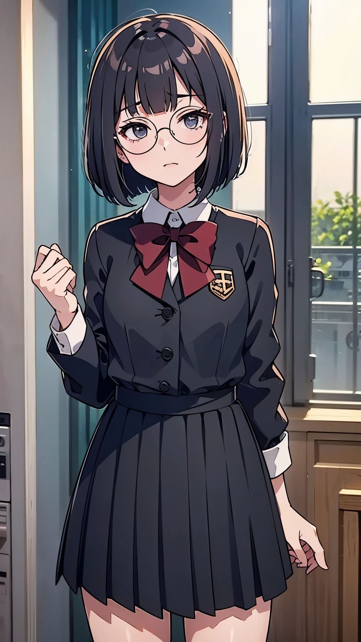 anime style, 8k, masterpiece, ultra high res, 1 girl, wearing school uniform, round glasses, glasses, glasses with thick frames, blunt bangs bob hair, moon face, standing,