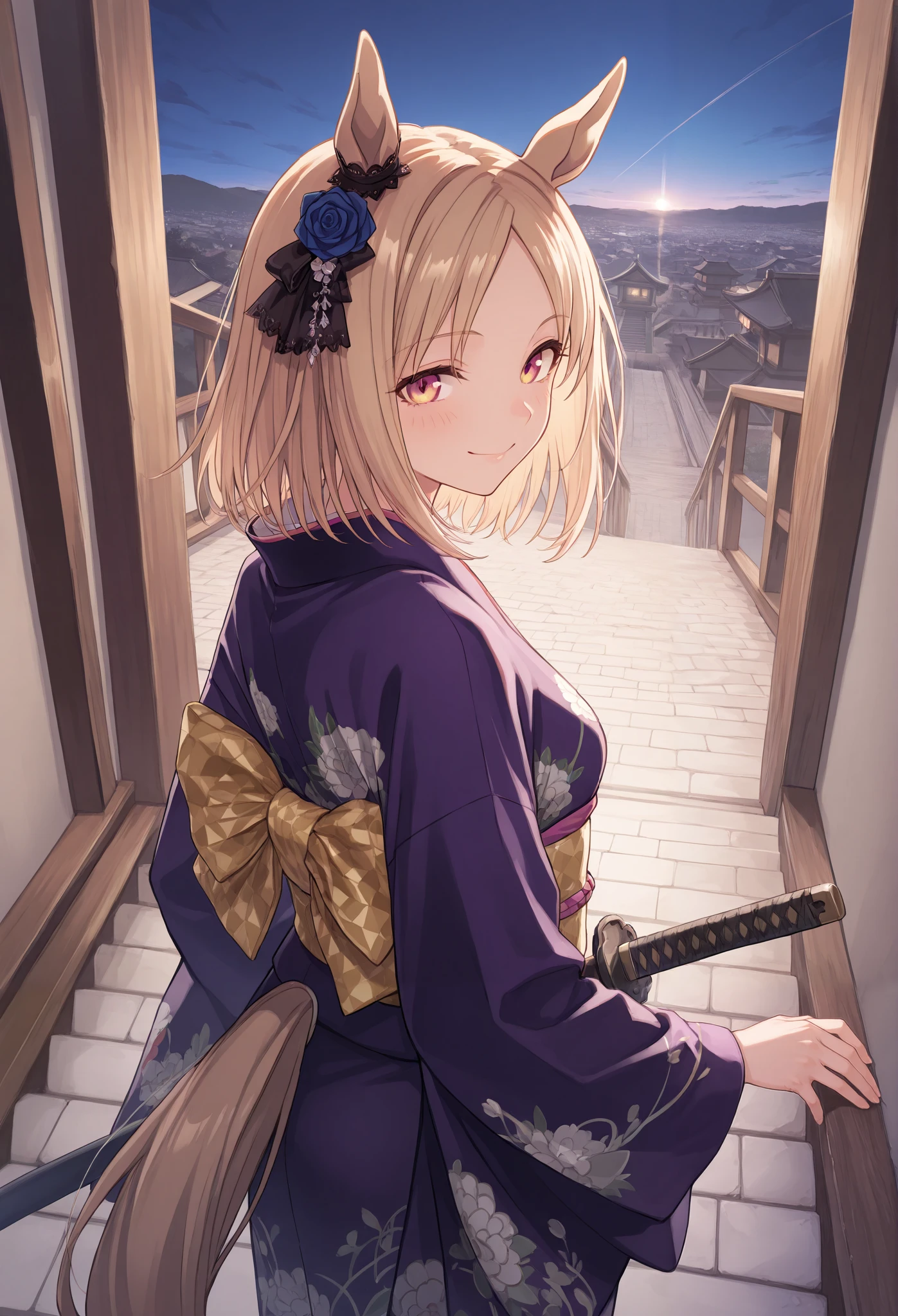 ,(Main upper body) high resolution),( high resolution), (unity 8k wallpaper),( detailed image ), Narita Top Road\( Uma Musume\) ,{ seductive smile } \( Uma Musume\),,{{{ kimono:1.8}}}:{{{ big Japanese sword}}},{Onigashima},{{{Woman standing at the top of a staircase overlooking the city:1.6}}},{{{A staircase that stretches straight to the ground:1.6}}},{{{Standing on a stone staircase }}},{{{ on top of the hillに立つ女性:1.7}}},{{{町を見下ろす on top of the hill:1.7}}},{{{ a long stone staircase leading to the ground:1.5}}},{{{ steep stairway :1,5}}},{{{sunset:1.6}}},{{{Path of Light:1.7}}},{{{Sunset:1.7}}},{Winter Town },{{{ on top of the hill:1.8}}}{samurai:1.7} {{{from above}}} {medium breasts},{街を見下ろす on top of the hillの神社}