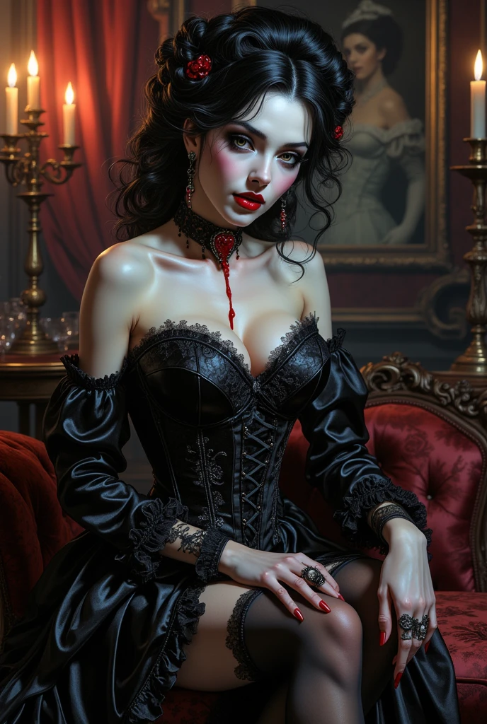 fantasy art deco (art deco: 1.5) A (black and white: 1.5) glamours (vampire: 1.5) model shot, RAW, award winning, of an exquisite beautiful 1solo female vampire, ultra feminine, full body, busty woman, most beautiful face ultra detailed face, long hair, wavy hair, pale skin, glowing (red: 1.3) eyes, wearing (purple: 1.5) silk intricate glamour dress corset , , studded with (black opals: 1.3) wearing intricate high heels, lying in bed, light make up, modern day high society bedroom background, (black and white filter: 1.4), (anatomically correct: 1.4), 1960s photoshoot style, picture taken from dynamic range, vibrant, Ultra-high resolution, High Contrast, (masterpiece:1.5), highest quality, Best aesthetics), best details, best quality, highres, ultra wide angle, 16k, [ultra detailed], masterpiece, best quality, (extremely detailed), Intense Gaze, RedGlitter, dark novel, Blood_Covered, goth person