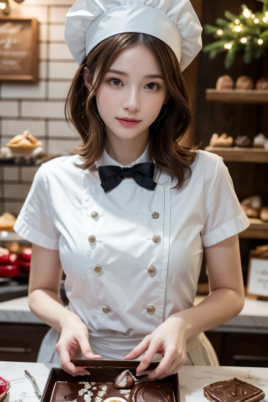 St. Valentine day season, in a cozy pastry shop, a pastry chef, creating a luxurious large chocolate with intricate decorations, with bob hairstyles pale orange and brown hair, wearing a clean white chef's uniform and chef's hat, the top button of the upper clothes is opened, beautiful white-colored translucent skin, glamorous figure, a little chubby, neat, clean appearance, natural makeup, adult sexiness, alluring, glossy face, surrounded by festive tools and ingredients, warm holiday lighting, realistic photo style, a lot of gift box with chocolate illustrations in the background, {photorealistic}, {4K resolution}, {cinematic}, {dramatic}