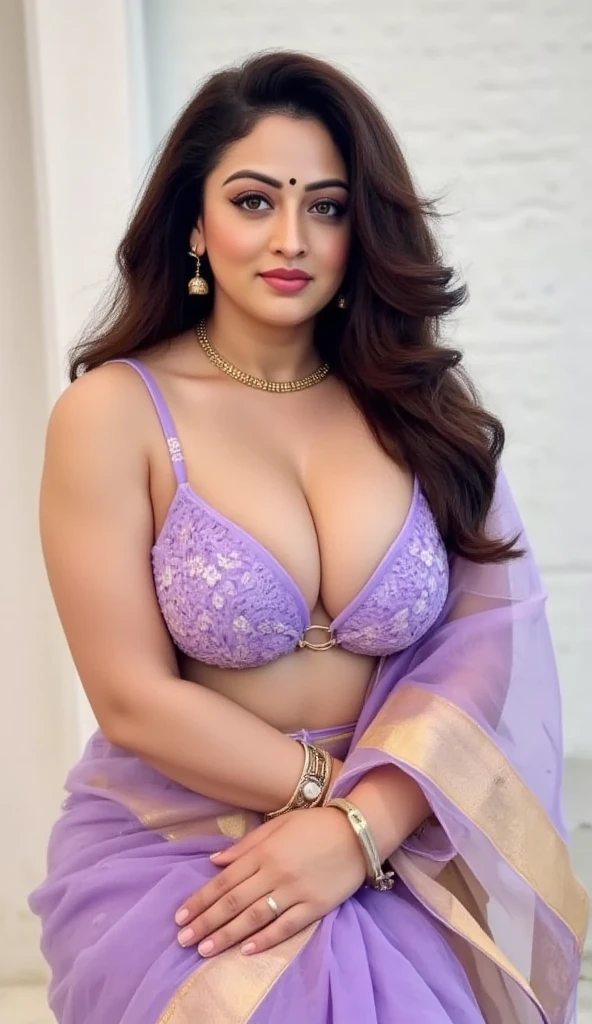 Close up photo of indian from top view, big cheeks, hourglass figure, sagging breasts, deep cleavage, kneeling in a bed, open arms, slipping one-shoulder purple bra, saree drop, jewellery, Jewellery bracelet, a diamond necklace, look at viewer and smile, (cinematic:1.3), intricate details, (ArtStation:1.2)